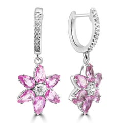 Pink Sapphire Diamond Round 18 Karat Gold Flower Shape Fashion Dangle Earrings