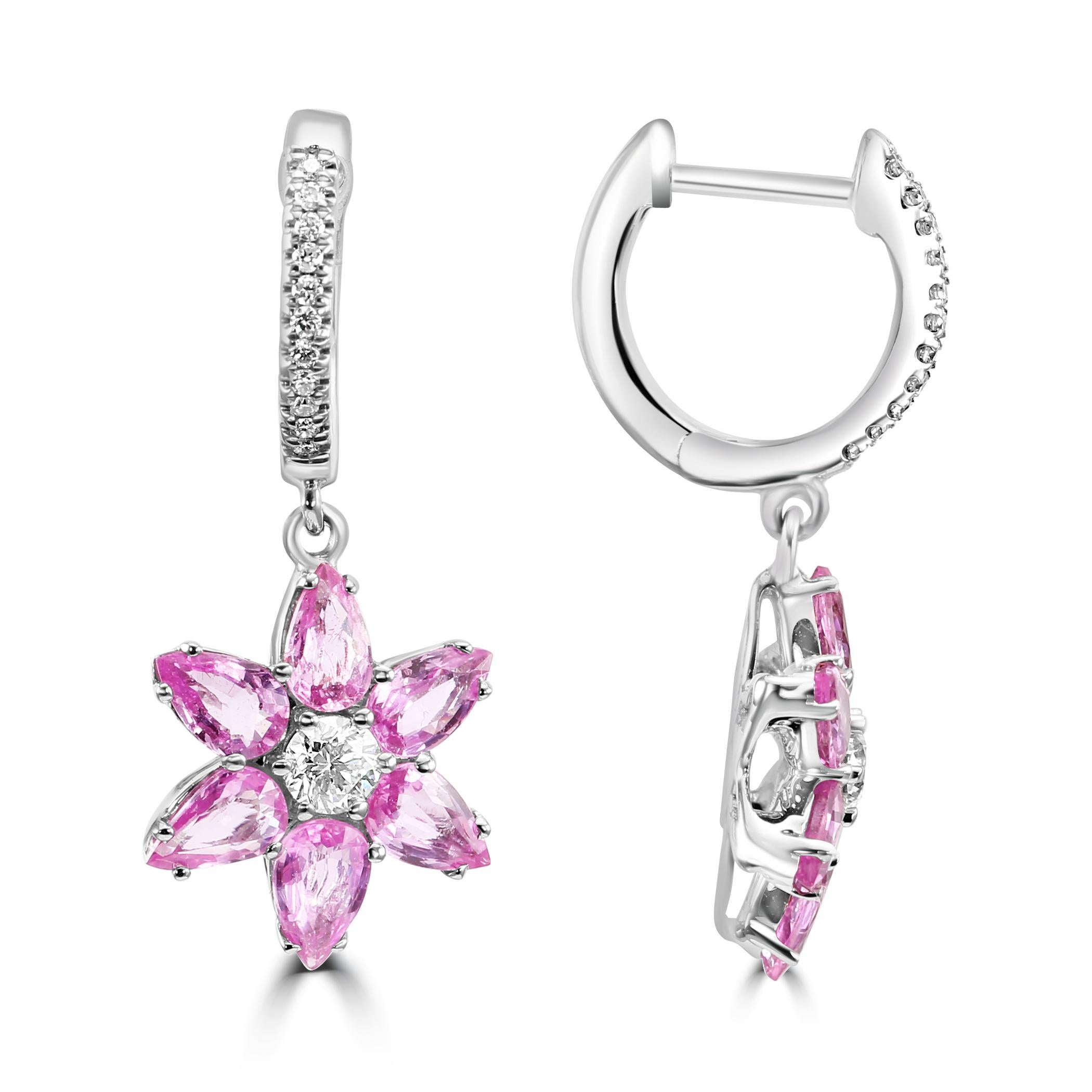 Modern Pink Sapphire Diamond Round 18 Karat Gold Flower Shape Fashion Dangle Earrings For Sale