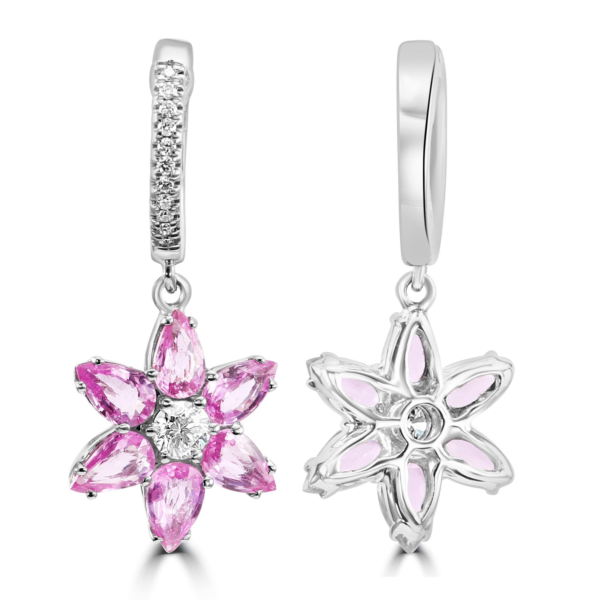 Pear Cut Pink Sapphire Diamond Round 18K White Gold Flower Shape Fashion Dangle Earrings For Sale