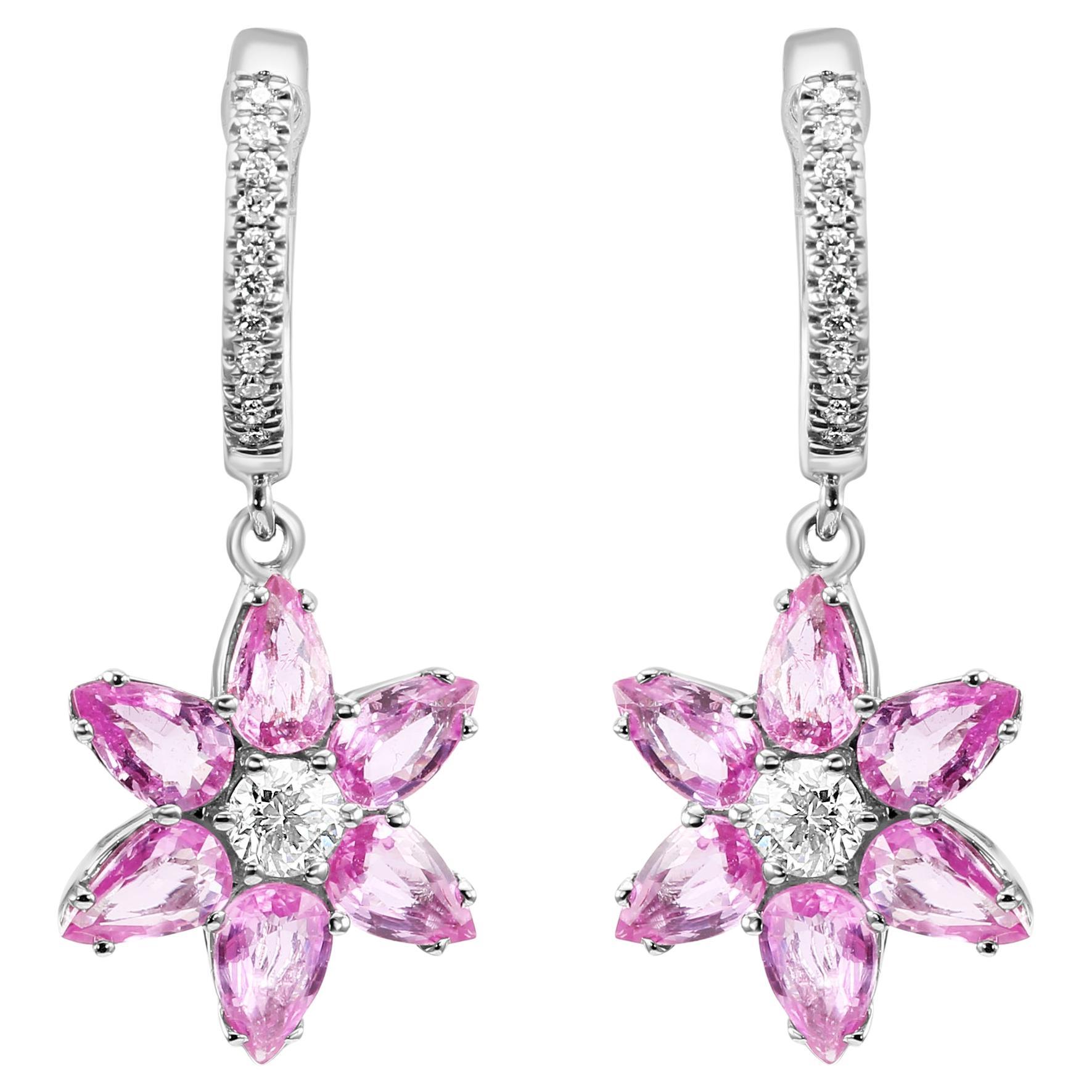 Pink Sapphire Diamond Round 18K White Gold Flower Shape Fashion Dangle Earrings