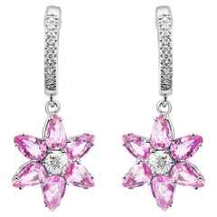 Pink Sapphire Diamond Round 18K White Gold Flower Shape Fashion Dangle Earrings