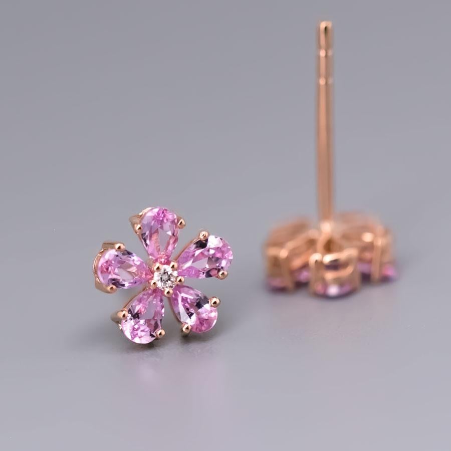Arts and Crafts Pink Sapphire Diamond Sakura Cherry Blossom Flower Stud Earrings 18K Rose Gold For Sale
