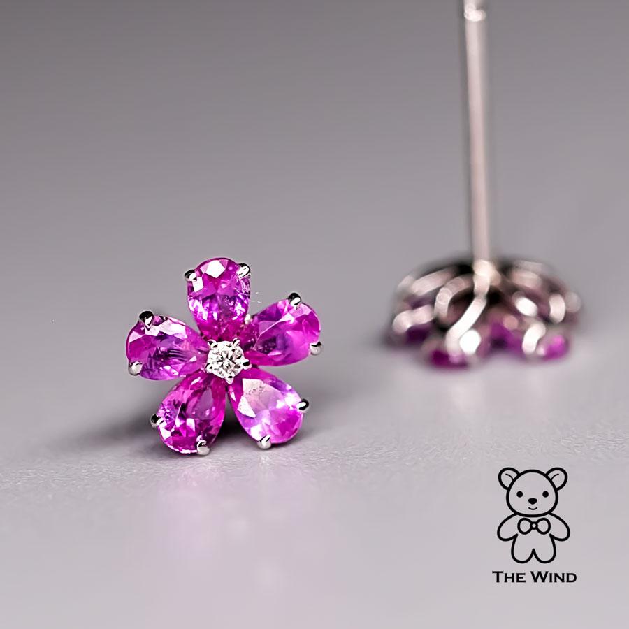 Brilliant Cut Pink Sapphire Diamond Sakura Cherry Blossom Flower Stud Earrings 18K Rose Gold For Sale