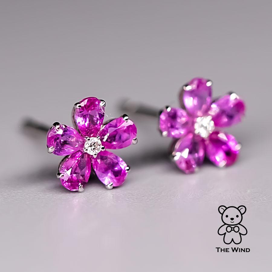 Pink Sapphire Diamond Sakura Cherry Blossom Flower Stud Earrings 18K Rose Gold In New Condition For Sale In Suwanee, GA