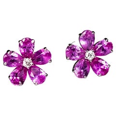 Pink Sapphire Diamond Sakura Cherry Blossom Flower Stud Earrings 18K Rose Gold