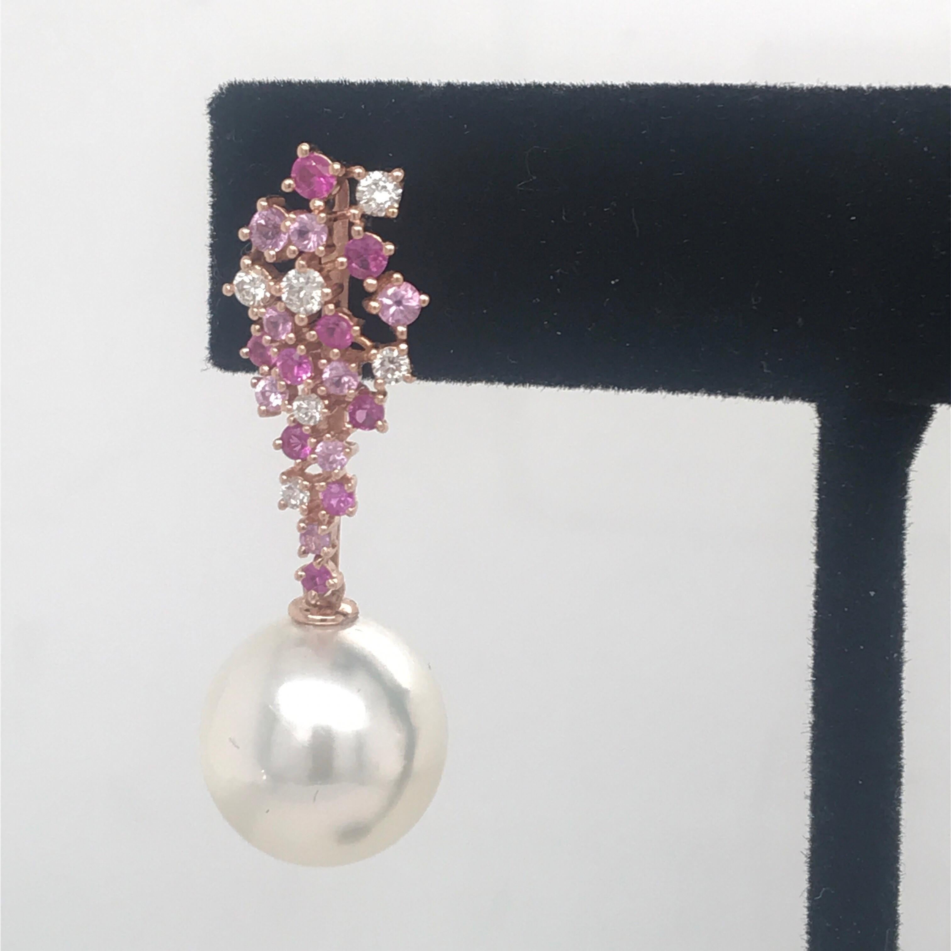 Contemporary Pink Sapphire Diamond South Sea Pearl Earrings 1.41 Carat 18 Karat Rose Gold For Sale