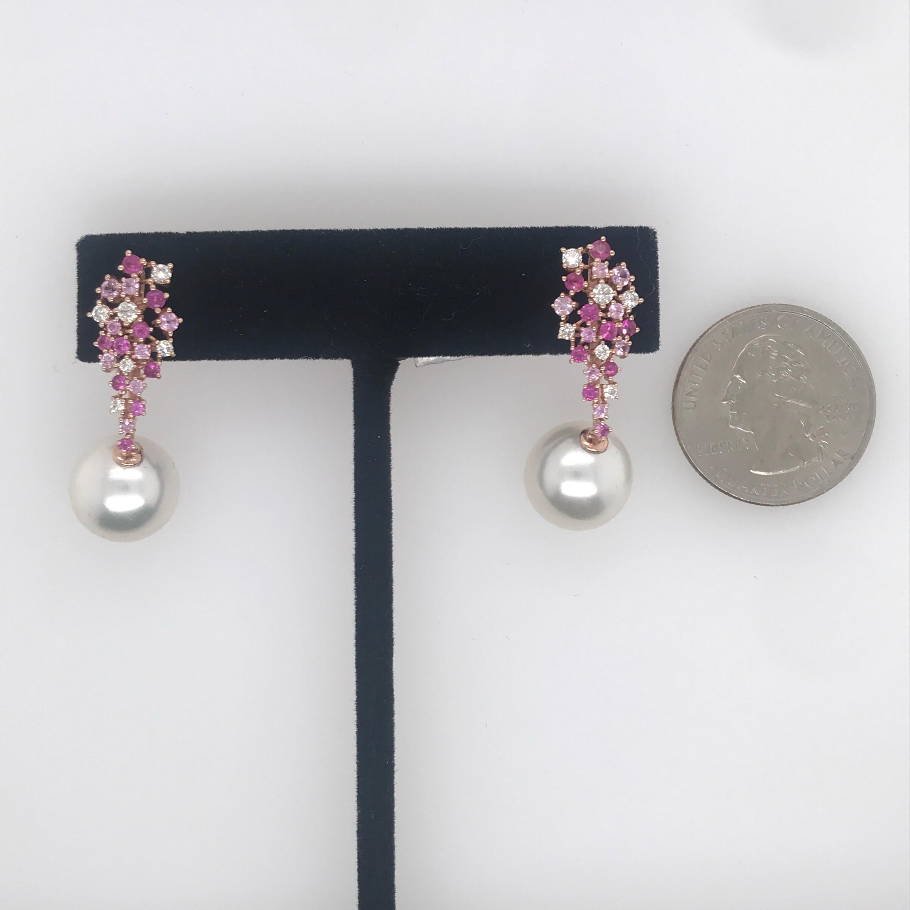 Round Cut Pink Sapphire Diamond South Sea Pearl Earrings 1.41 Carat 18 Karat Rose Gold For Sale