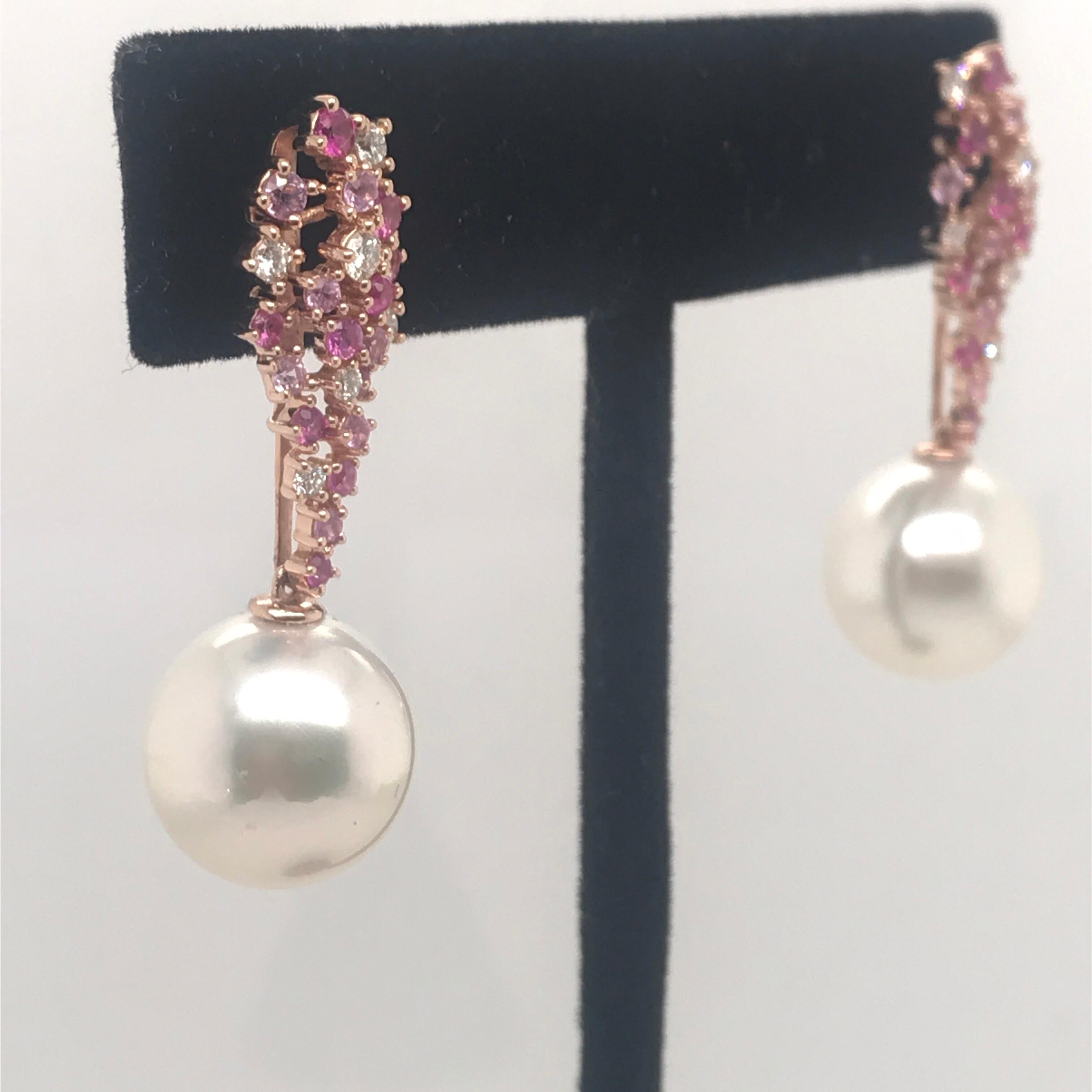 Pink Sapphire Diamond South Sea Pearl Earrings 1.41 Carat 18 Karat Rose Gold In New Condition For Sale In New York, NY