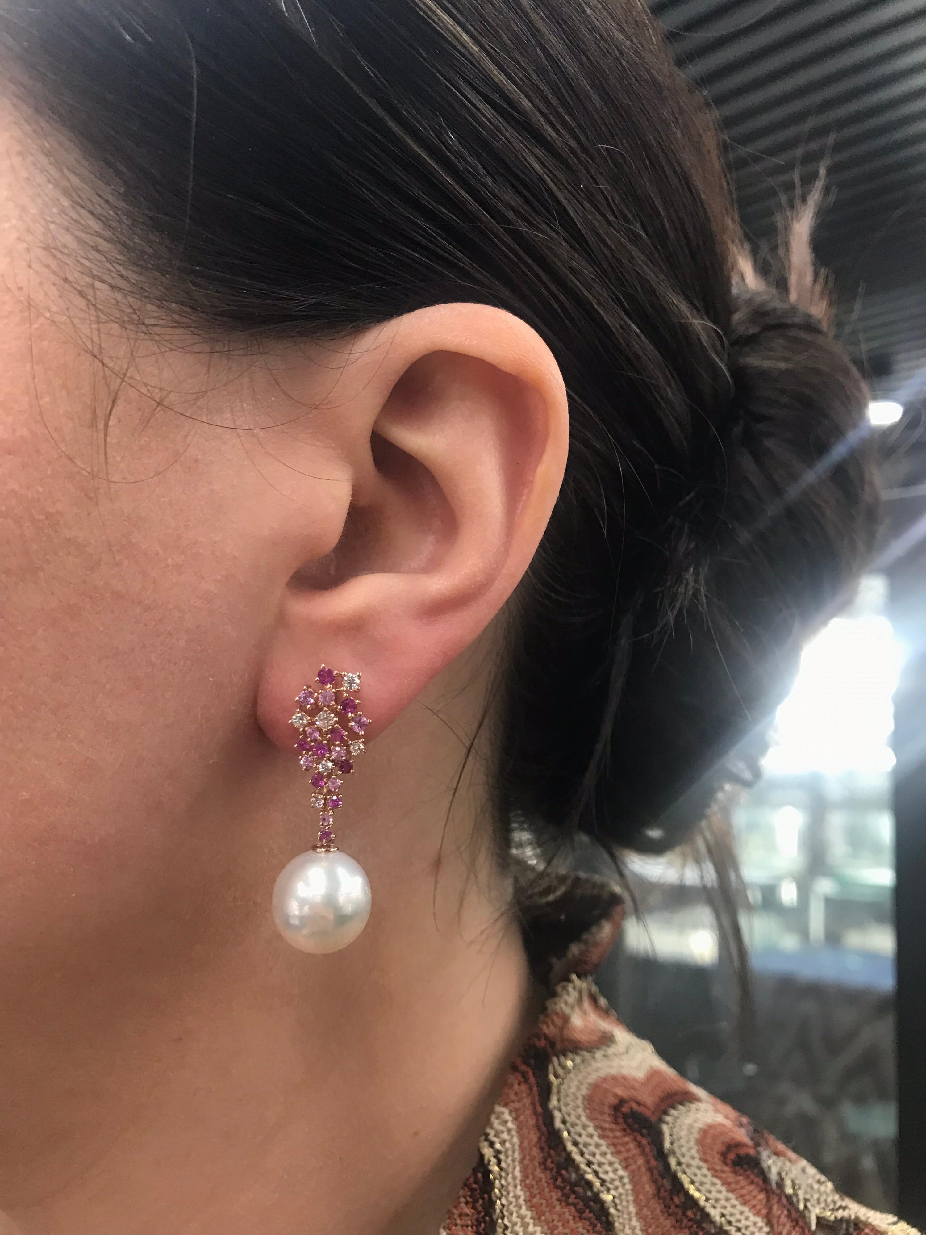 Pink Sapphire Diamond South Sea Pearl Earrings 1.41 Carat 18 Karat Rose Gold For Sale 1