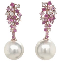 Pink Sapphire Diamond South Sea Pearl Earrings 1.41 Carat 18 Karat White Gold