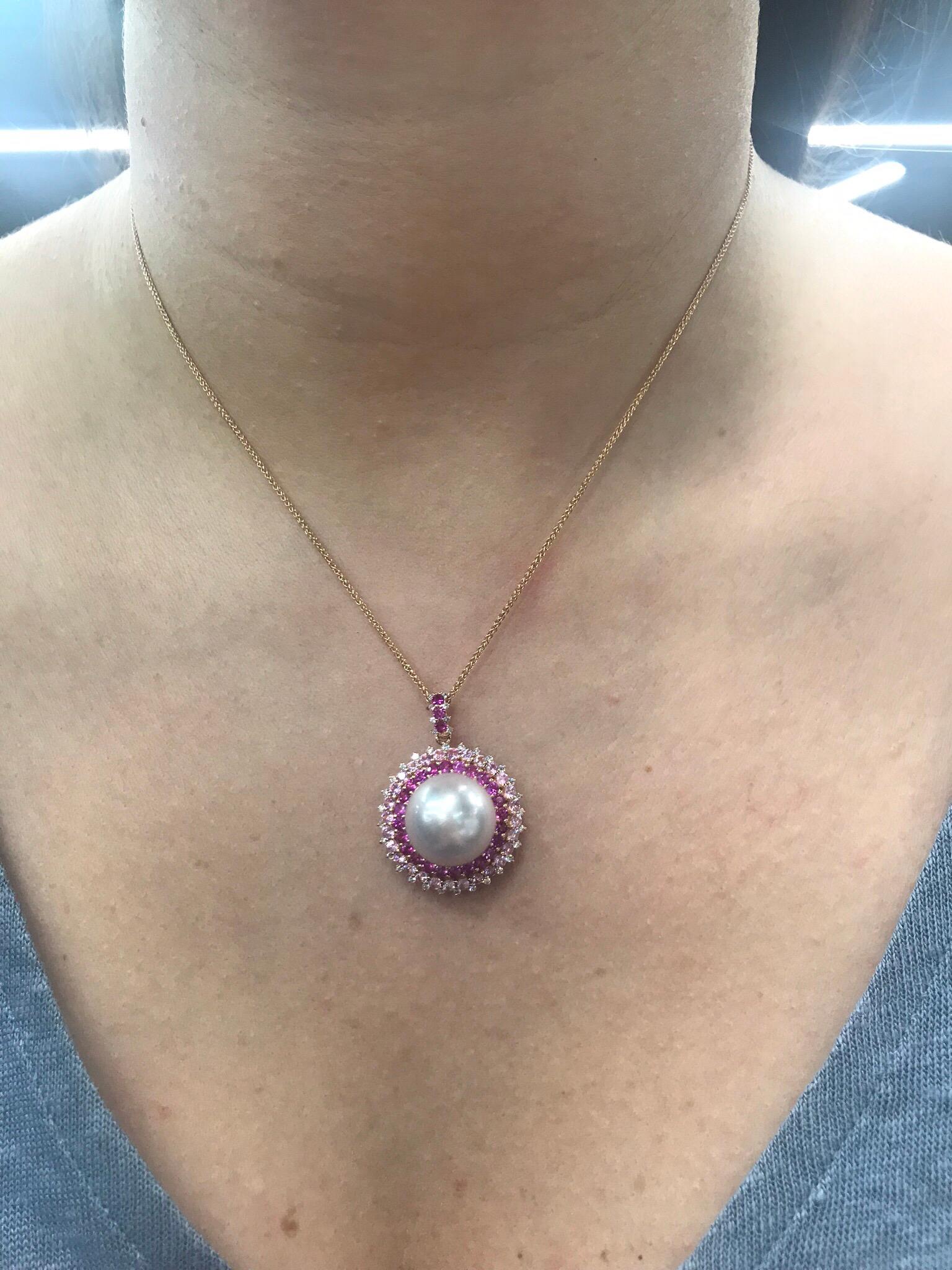 Contemporary Pink Sapphire Diamond South Sea Pearl Pendant Necklace 2.19 Carat 18K Rose Gold For Sale