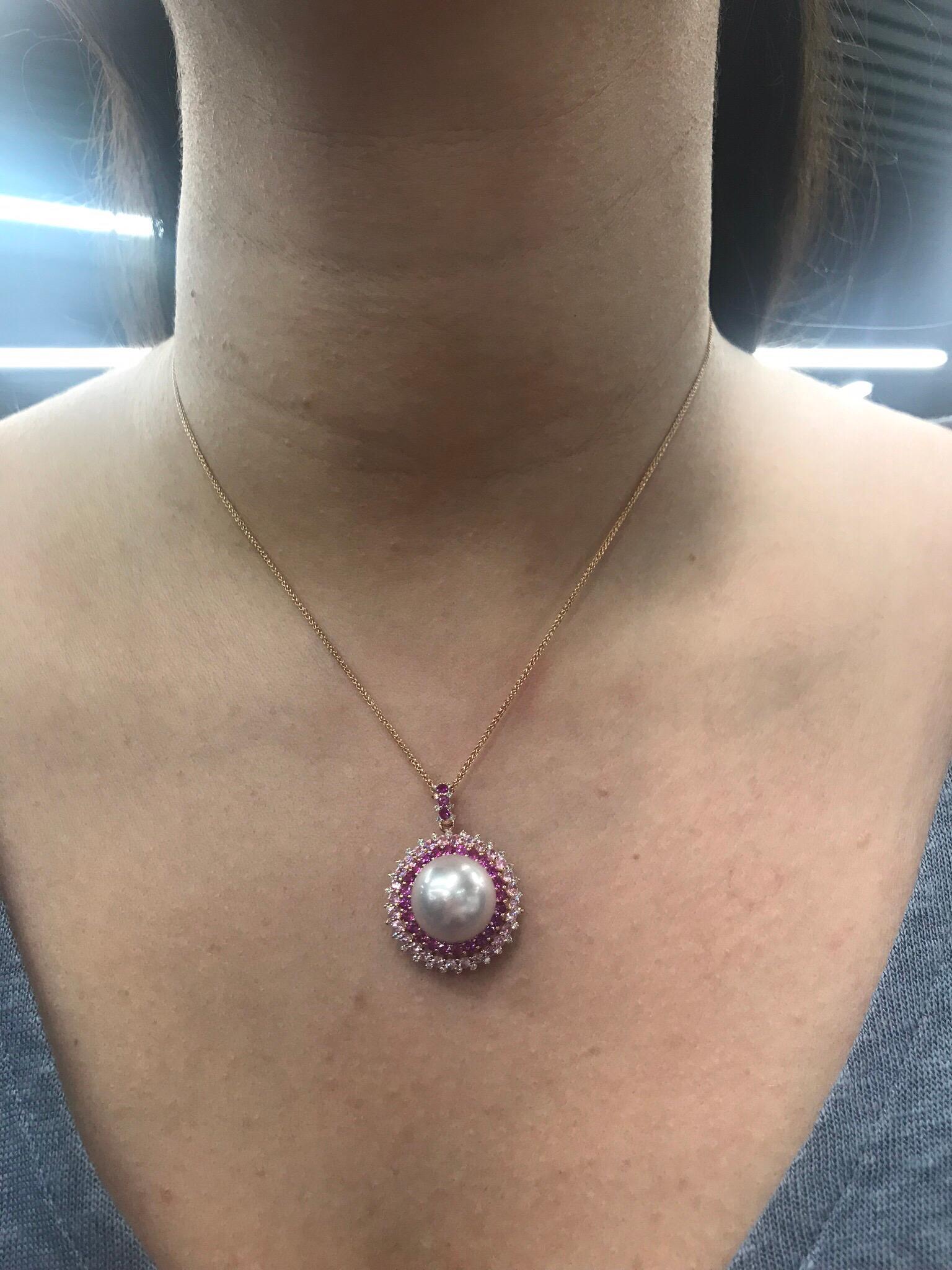 Round Cut Pink Sapphire Diamond South Sea Pearl Pendant Necklace 2.19 Carat 18K Rose Gold For Sale