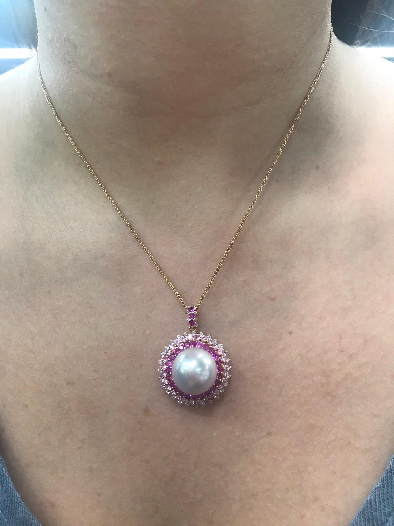Pink Sapphire Diamond South Sea Pearl Pendant Necklace 2.19 Carat 18K Rose Gold In New Condition For Sale In New York, NY