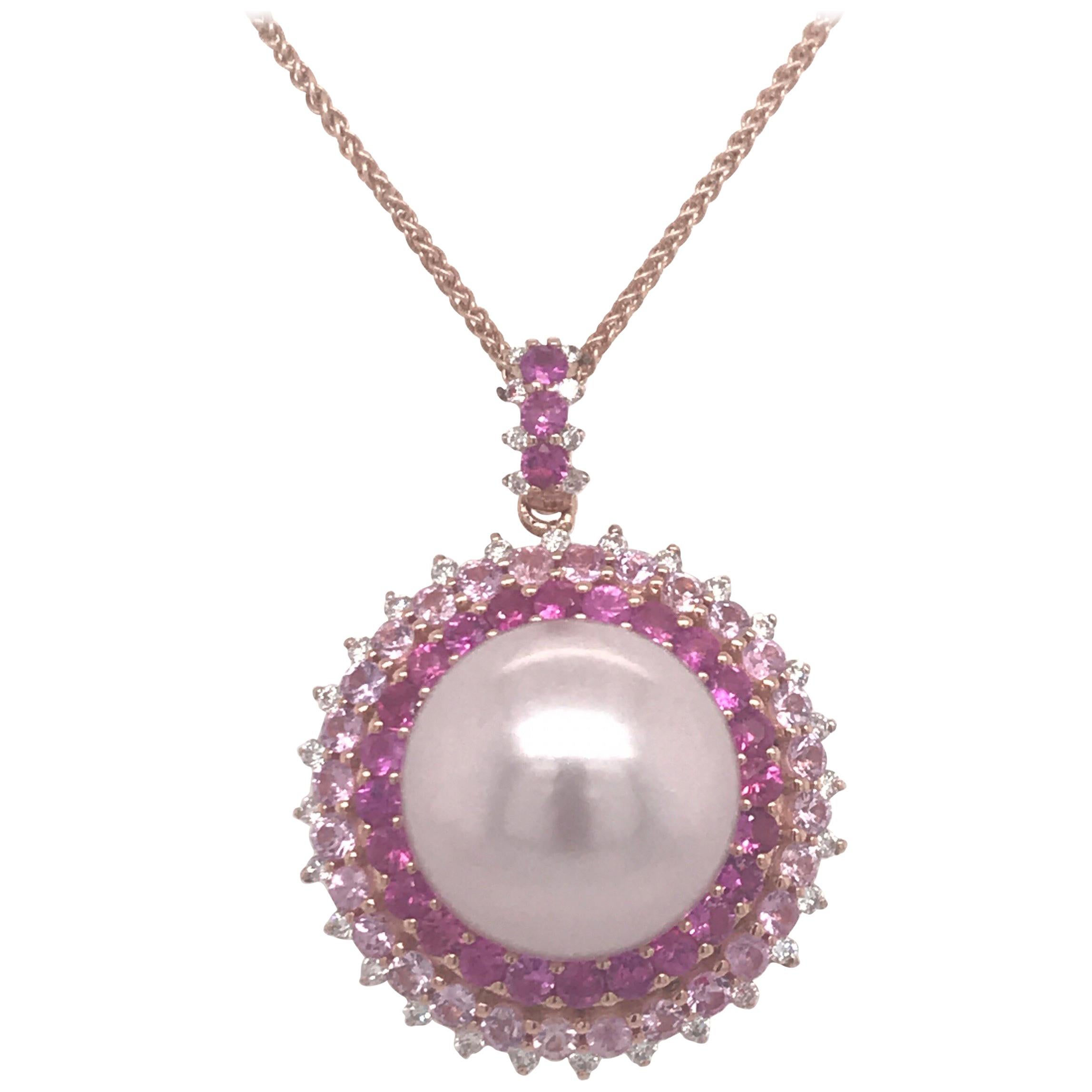 Pink Sapphire Diamond South Sea Pearl Pendant Necklace 2.19 Carat 18K Rose Gold