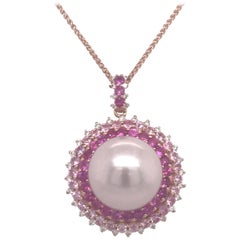 Collier pendentif en or rose 18 carats avec saphir rose, diamants et perle des mers du Sud de 2,19 carats