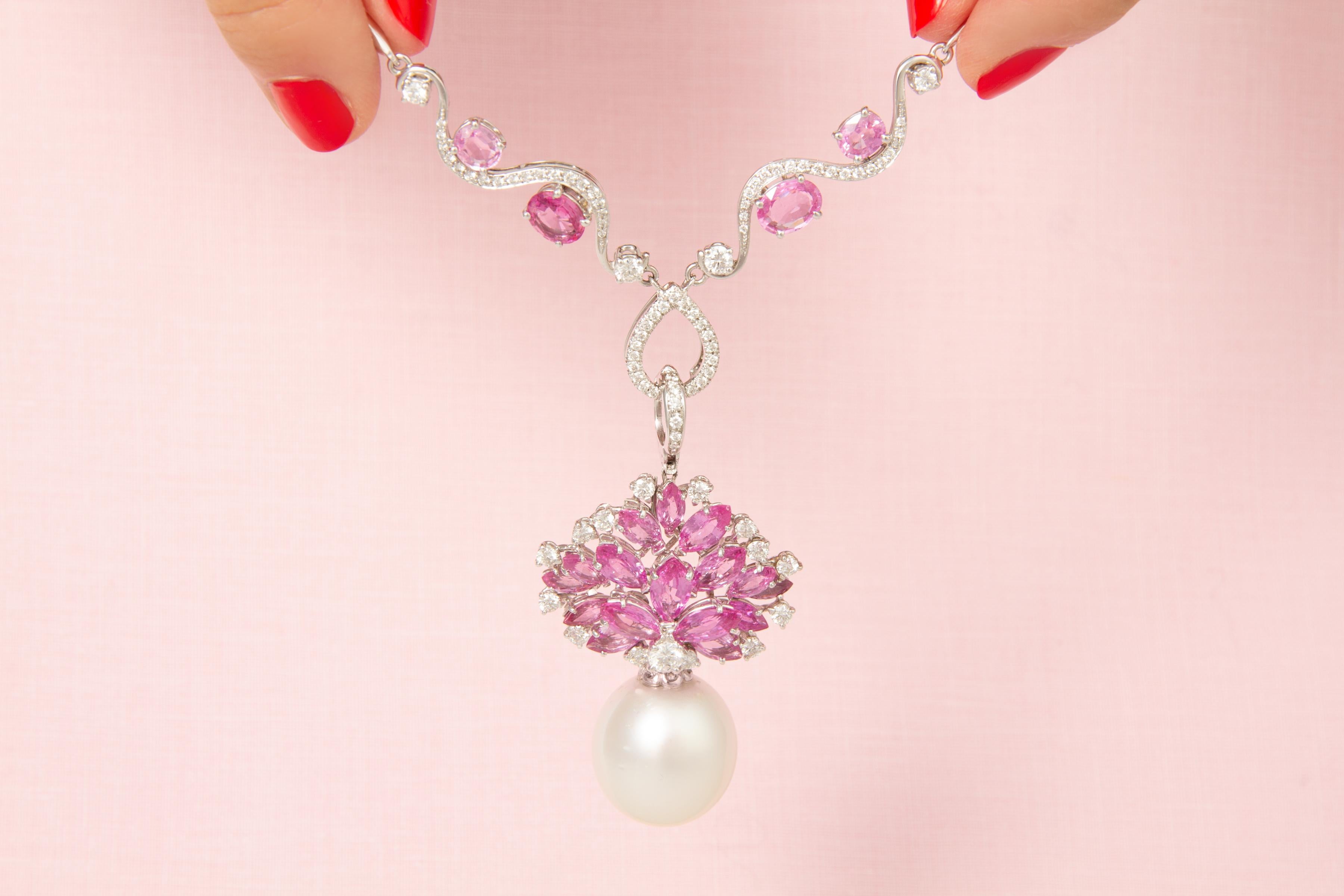 Collar Colgante Zafiro Rosa Diamante Perla de los Mares del Sur Diseñado por Ella Gafter Artista en venta
