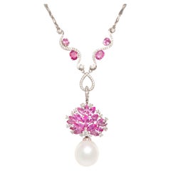 Collier à pendentifs en saphir rose et diamant et perle des mers du Sud Design/One par Ella Gafter