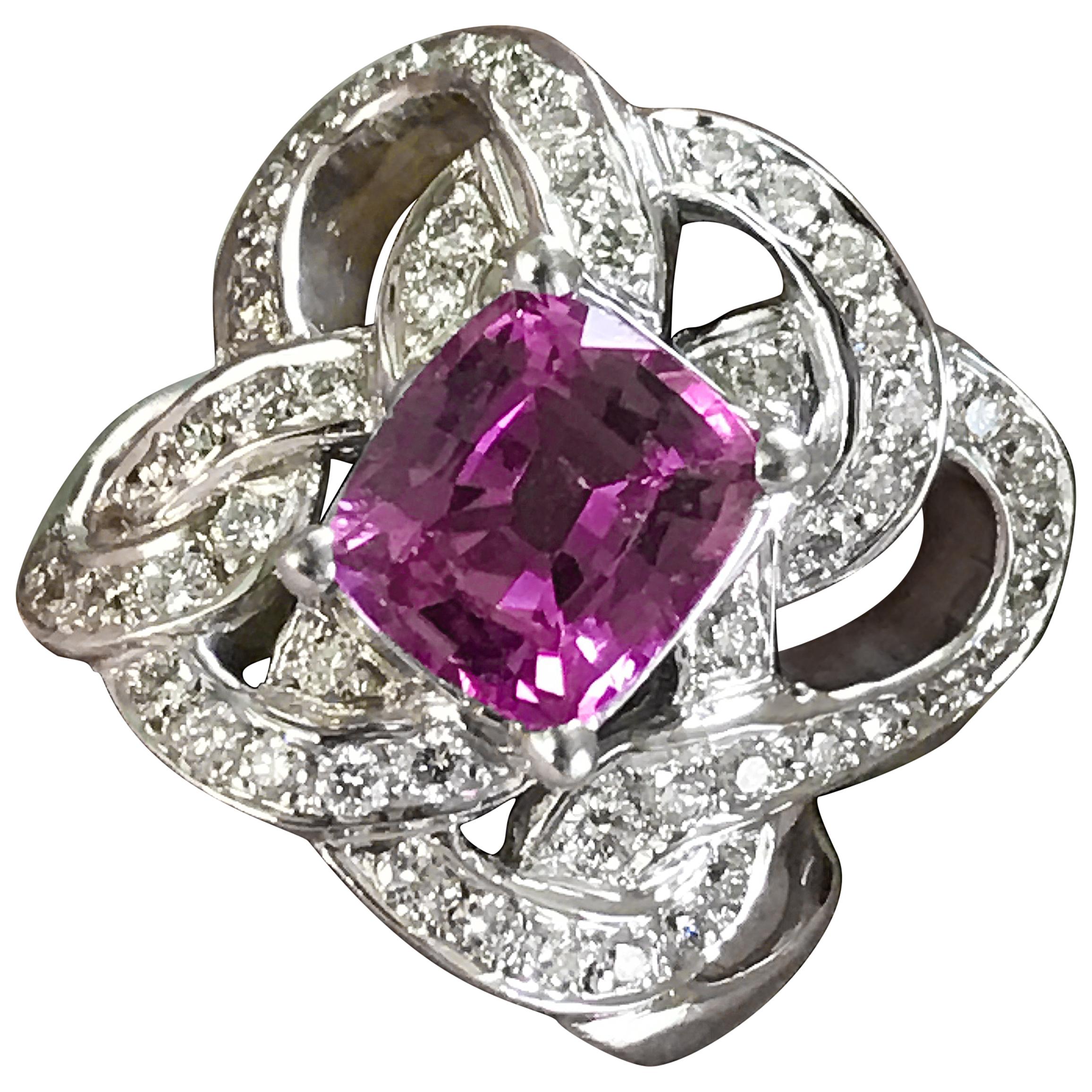 Pink Sapphire Diamond Statement Ring, 4 Carat Center Sapphire Engagement
