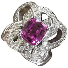 Vintage Pink Sapphire Diamond Statement Ring, 4 Carat Center Sapphire Engagement