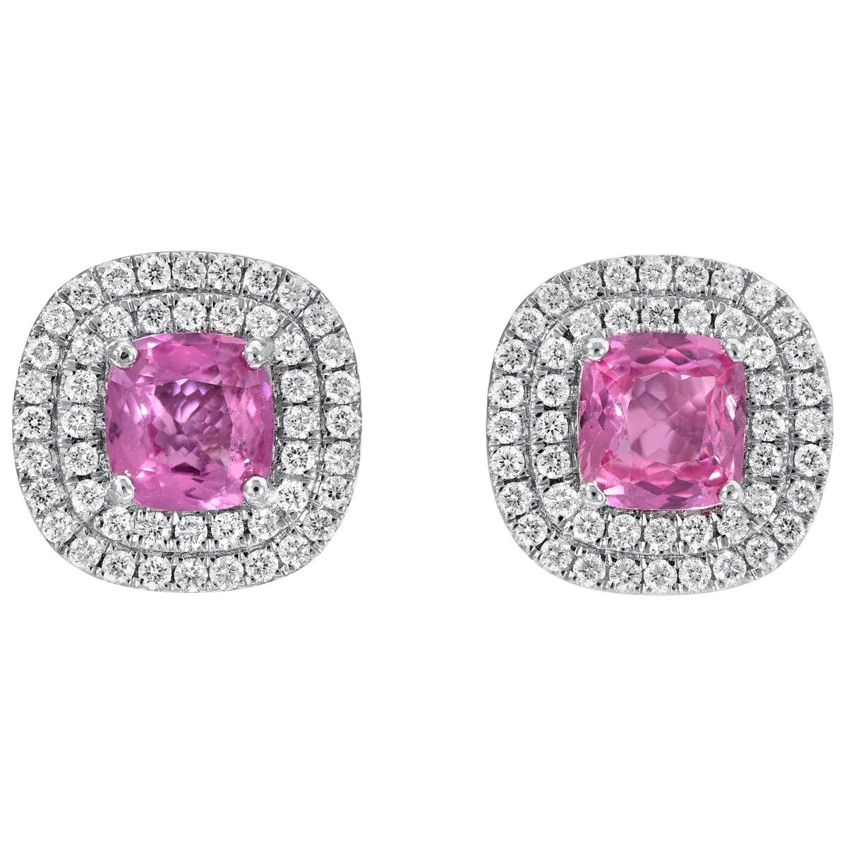 Pink Sapphire Diamond Stud Earrings 3.31 Carat Cushion Cuts