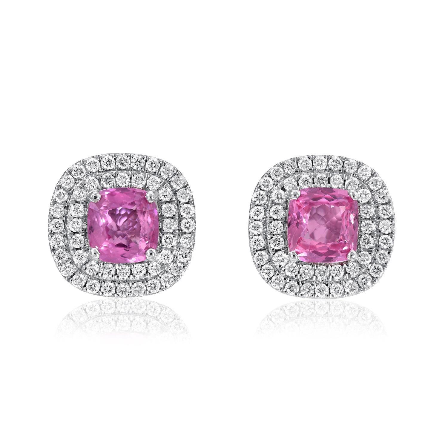 Pink Sapphire Diamond Stud Earrings 3.31 Carat Cushion Cuts (Moderne)