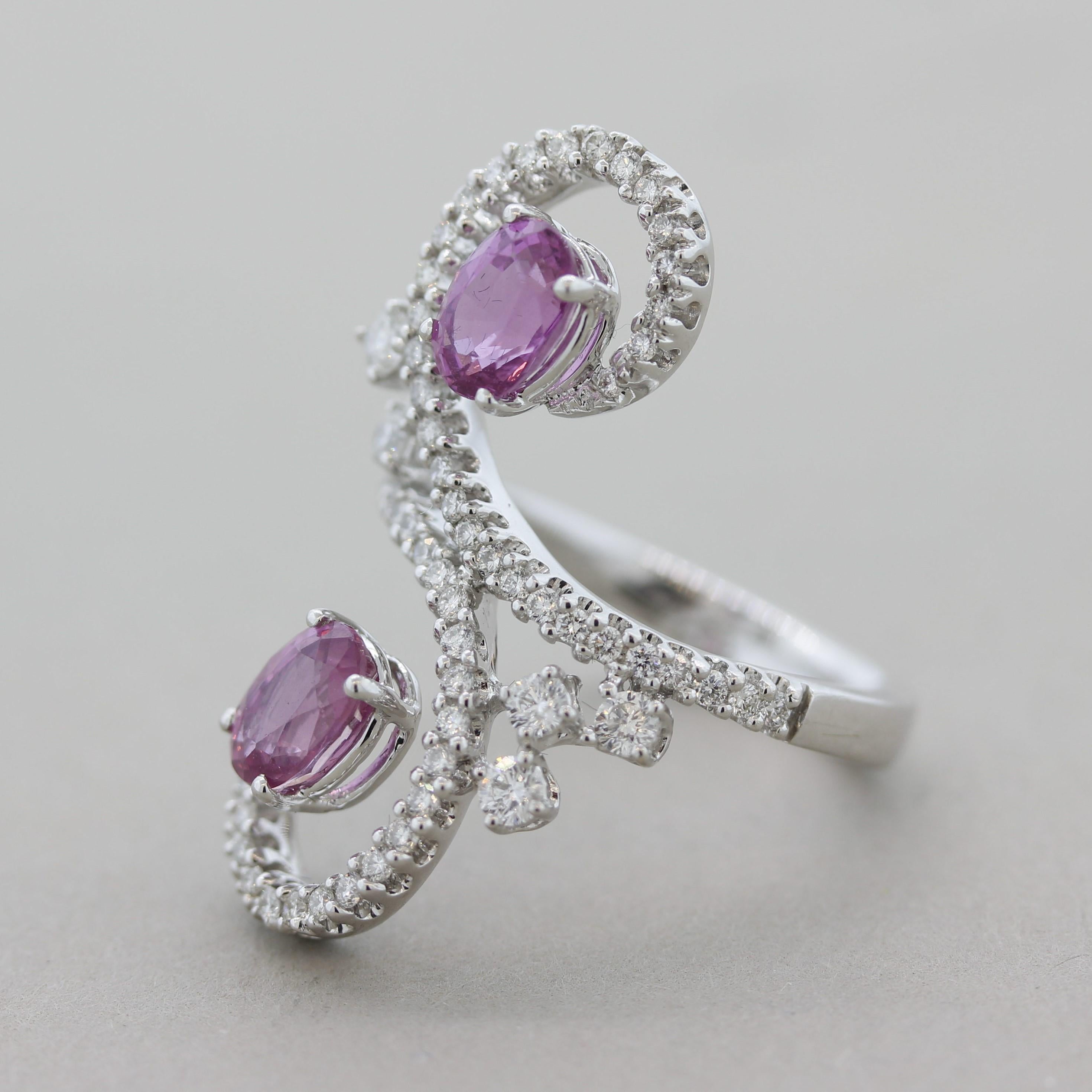 Mixed Cut Pink Sapphire Diamond Swirl Gold Cocktail Ring