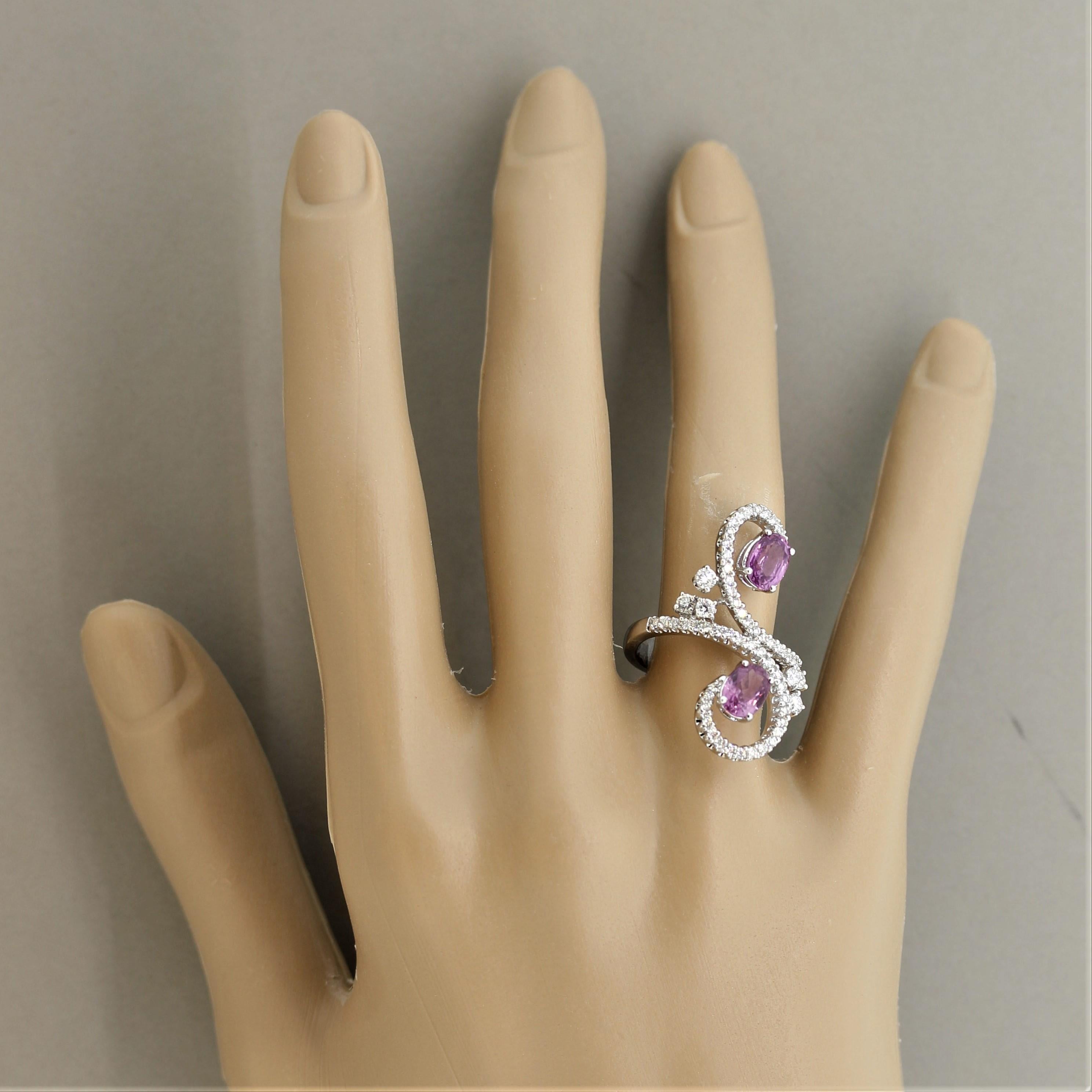 Pink Sapphire Diamond Swirl Gold Cocktail Ring 2