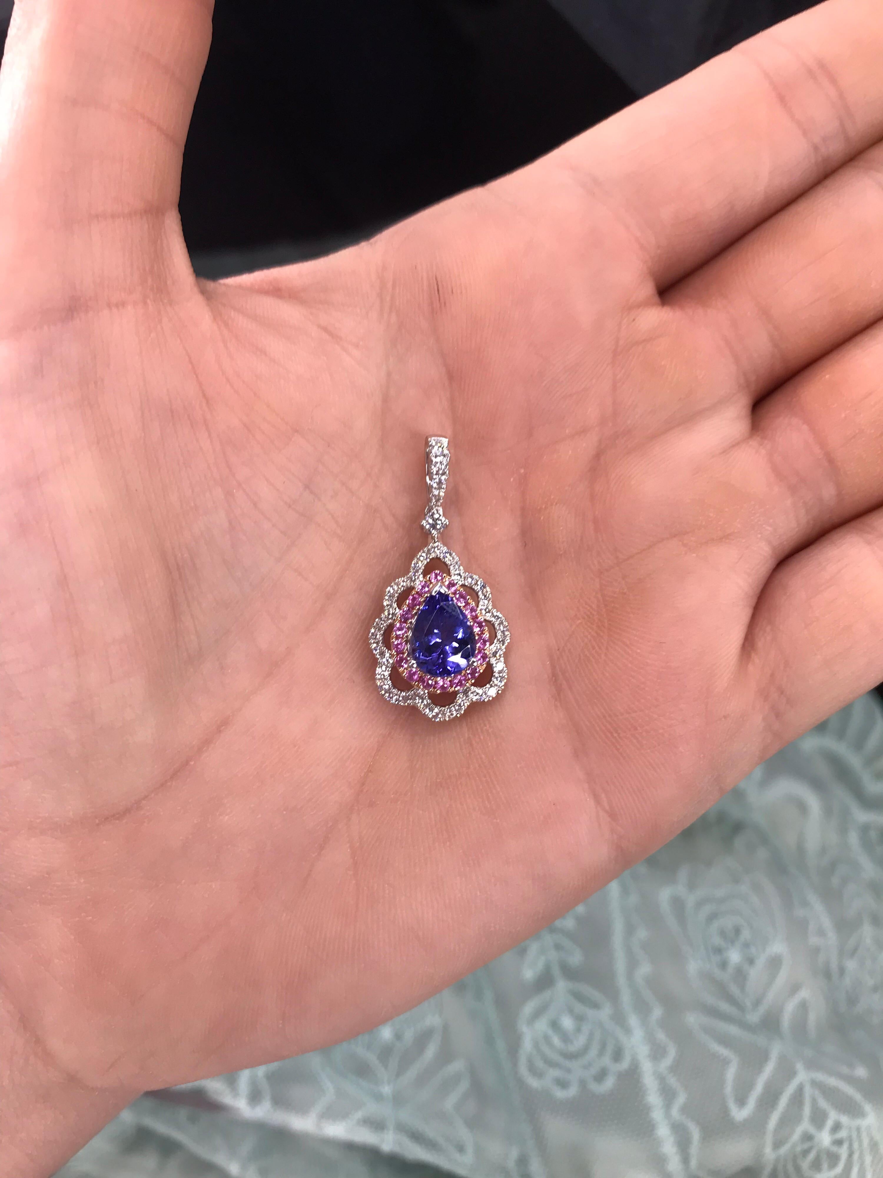 Pink Sapphire Diamond Tanzanite Pendant 2.61 Carat 18 Karat White Gold 4