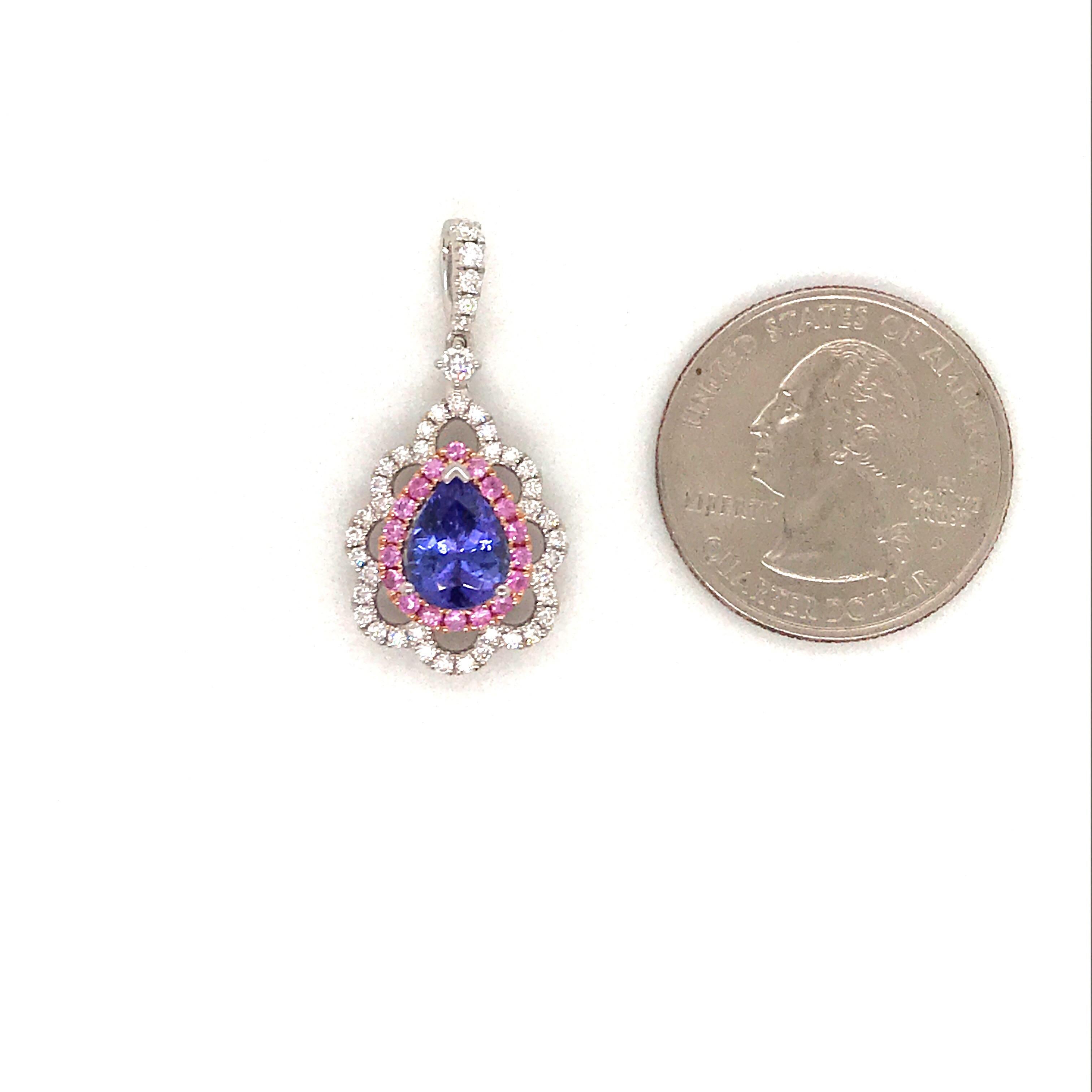 Contemporary Pink Sapphire Diamond Tanzanite Pendant 2.61 Carat 18 Karat White Gold