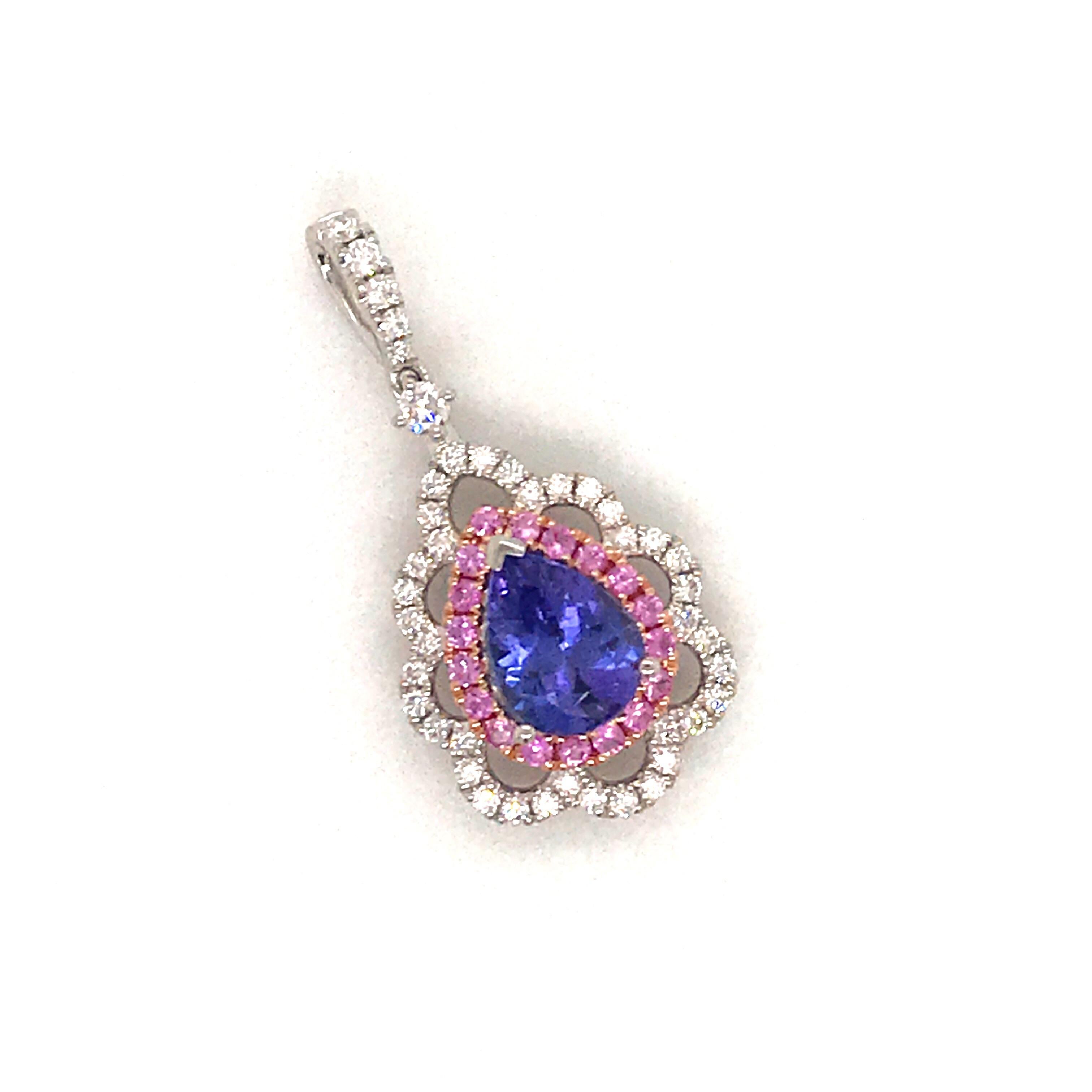 Women's Pink Sapphire Diamond Tanzanite Pendant 2.61 Carat 18 Karat White Gold