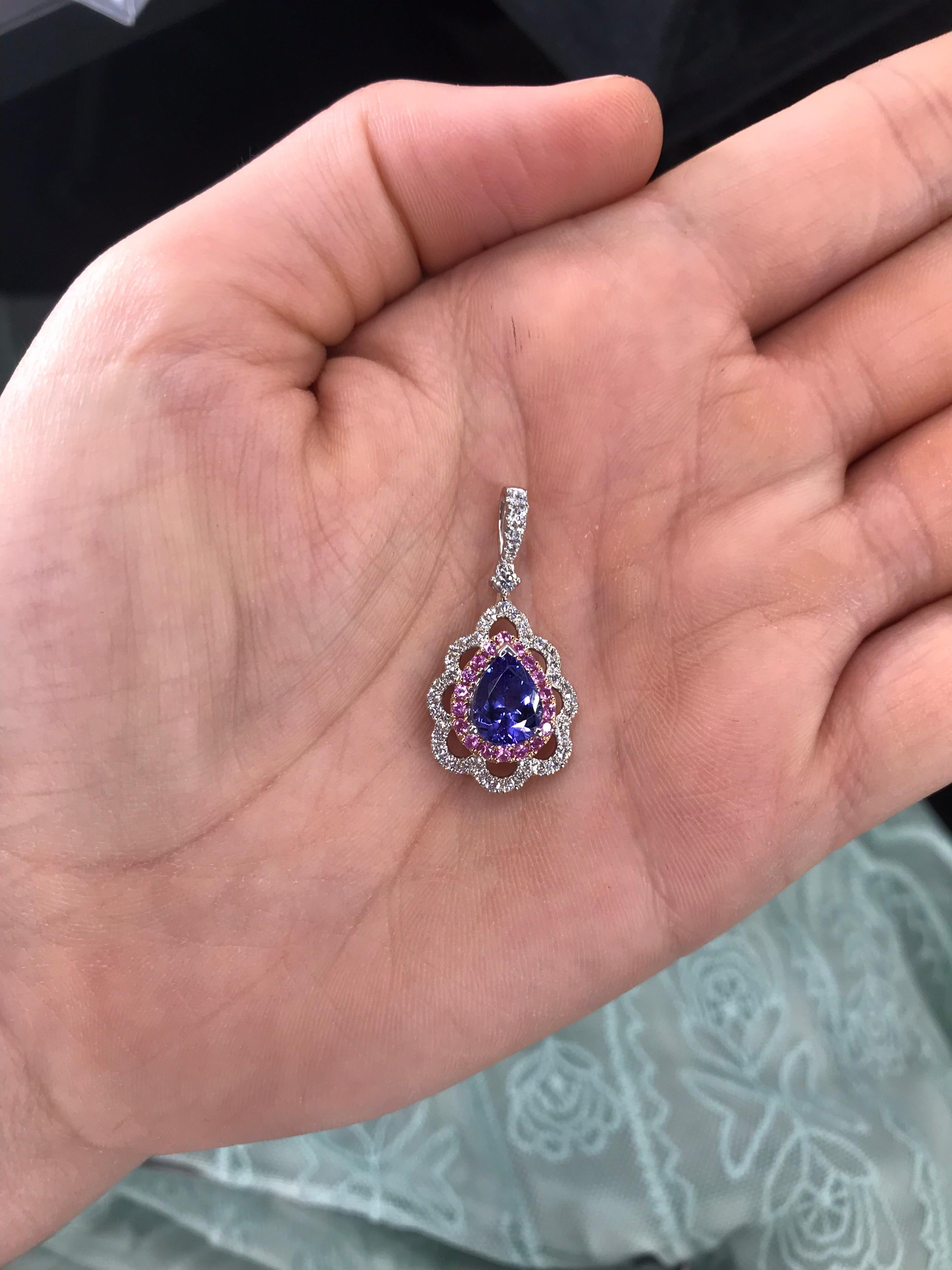 Pink Sapphire Diamond Tanzanite Pendant 2.61 Carat 18 Karat White Gold 3