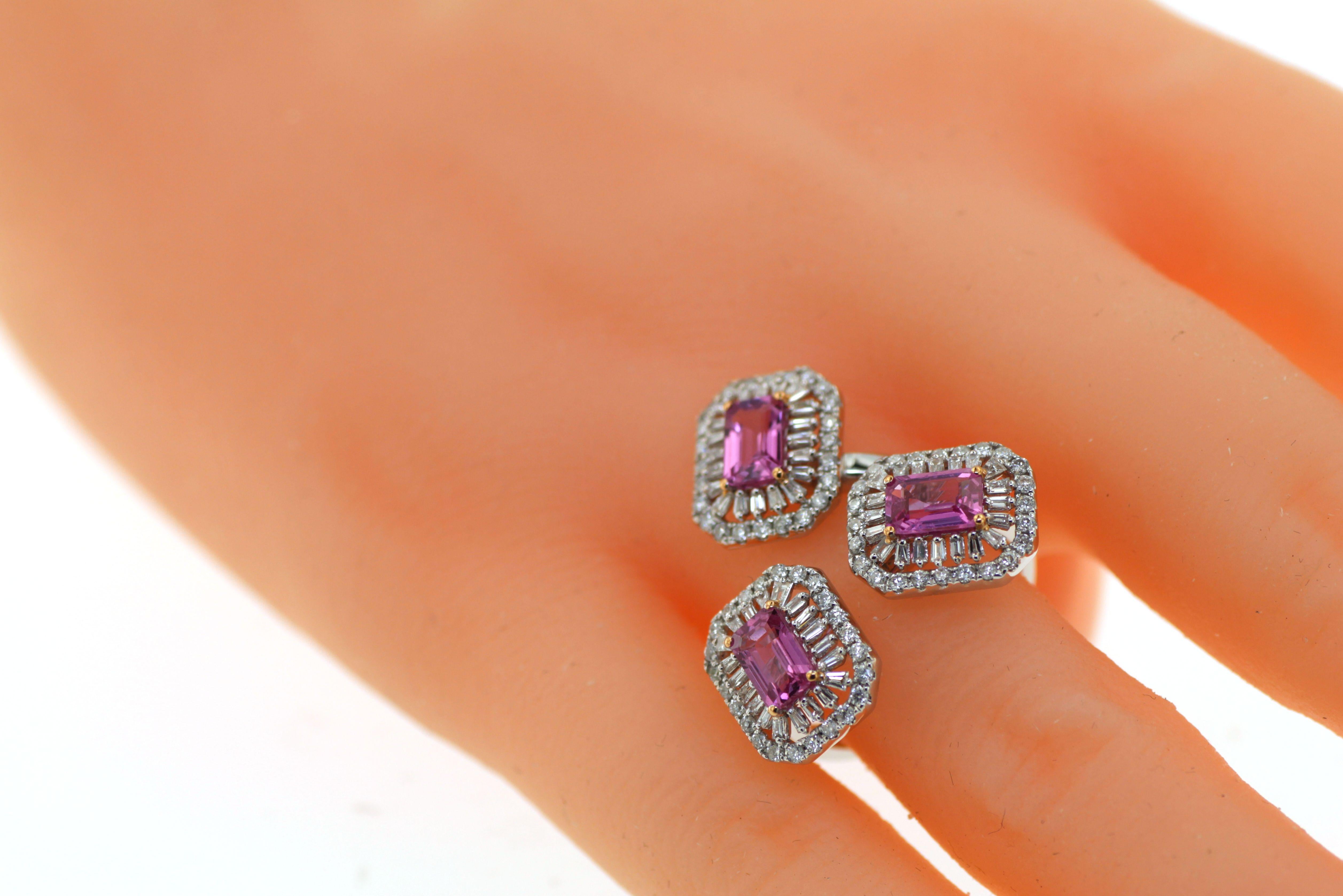 Art Deco 1.84Ct Pink Sapphire Diamond Three Stones Ring in 18K white gold  For Sale