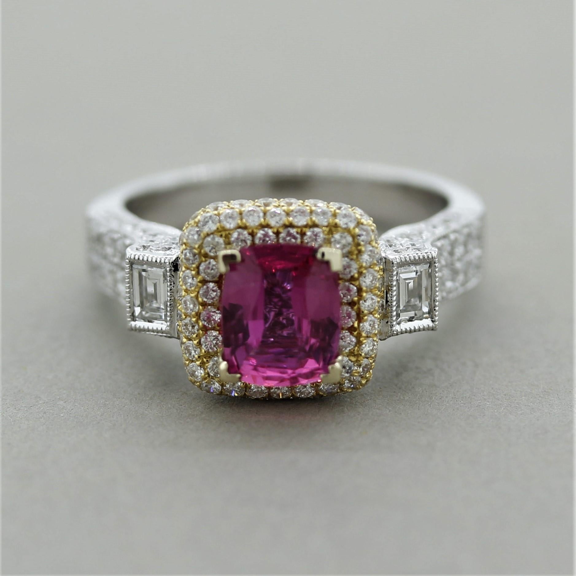 A luscious gemstone ring featuring a 1.25 carat vivid pink sapphire with a hint of red. It is cushion shaped and accented by 1.45 carats of round brilliant and baguette cut diamonds. Made in 18k gold, the sapphire is set in rose gold while the rest