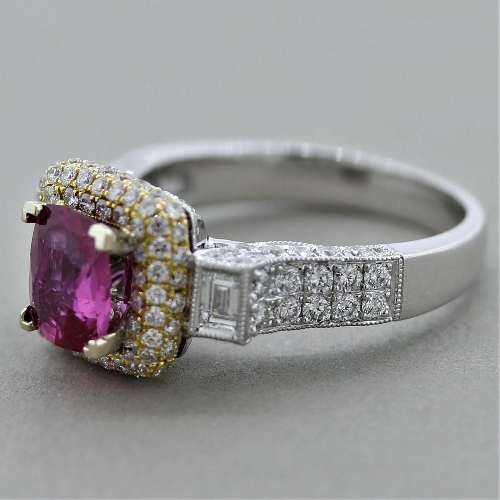 Zafiro Rosa Diamante Anillo de Oro Bicolor Corte cojín