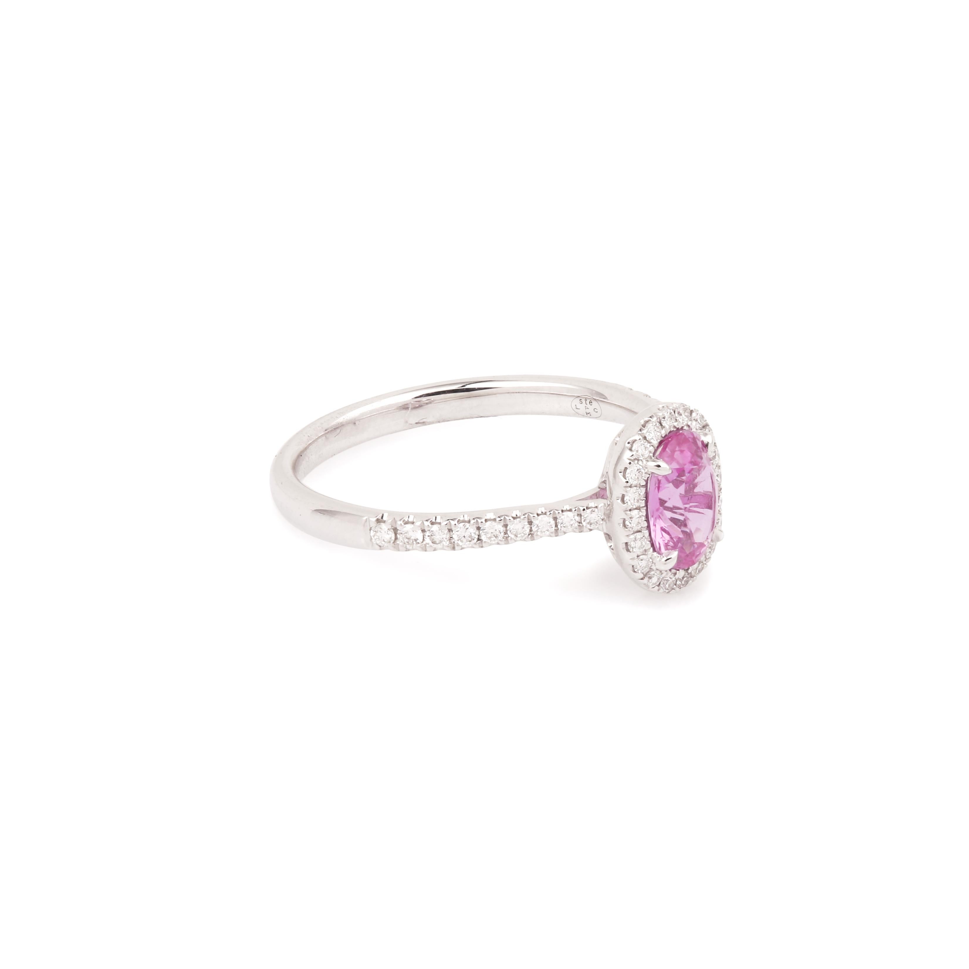 Wunderschöner Pompadour-Ring aus Weißgold mit einem ovalen rosa Saphir in einer Diamantfassung.

Für diejenigen unter Ihnen, die ein wenig Originalität und eine Alternative zur blauen Farbe suchen, warum lassen Sie sich nicht von einem hübschen rosa