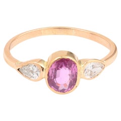 Vintage Pink Sapphire Diamonds 18 Carat Yellow Gold Trilogy Ring