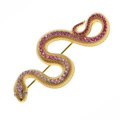 Pink Sapphire Diamonds 18 Karat Yellow Gold Snake Brooch