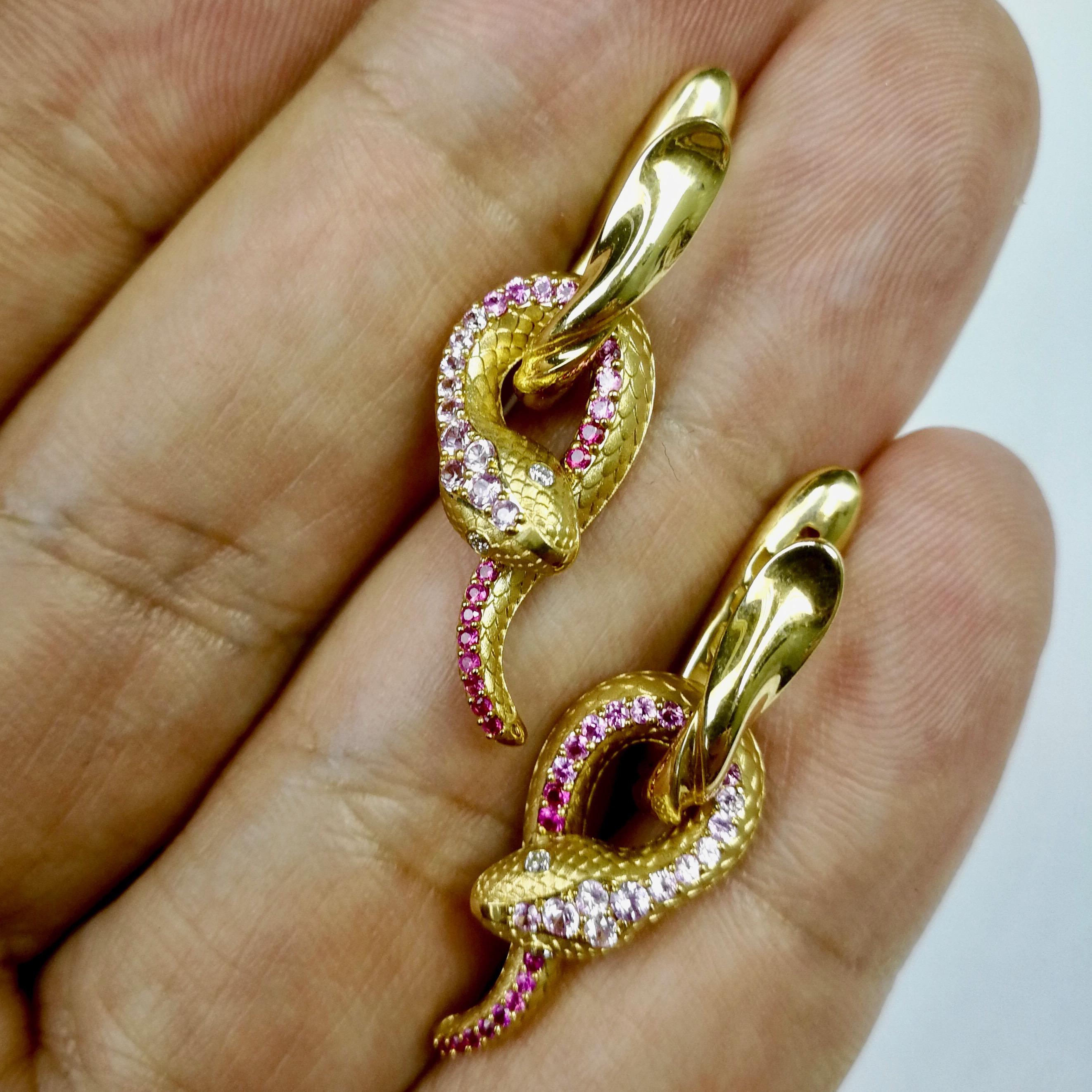 Contemporary Pink Sapphire Diamonds 18 Karat Yellow Gold Snake Earrings