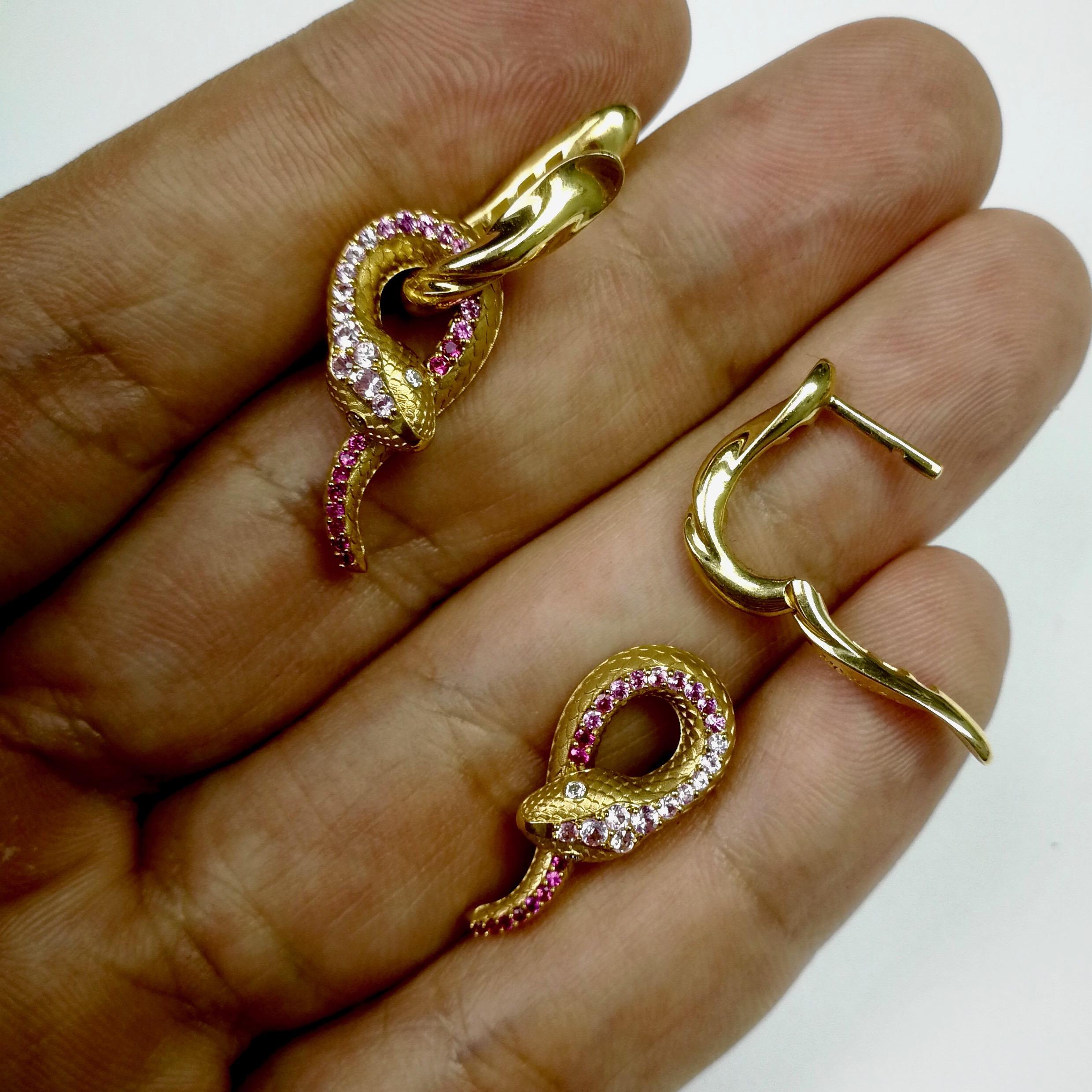 Women's Pink Sapphire Diamonds 18 Karat Yellow Gold Snake Earrings
