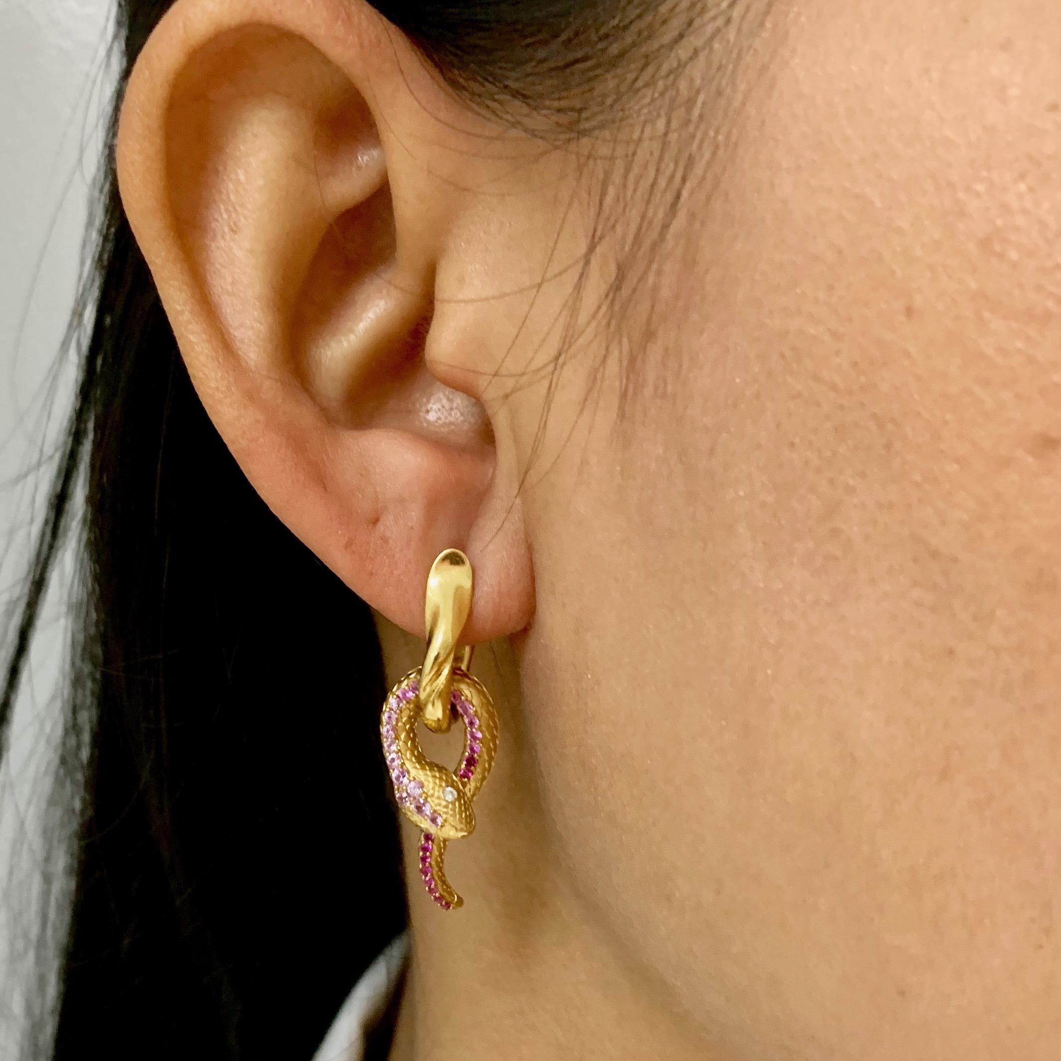 Pink Sapphire Diamonds 18 Karat Yellow Gold Snake Earrings 4