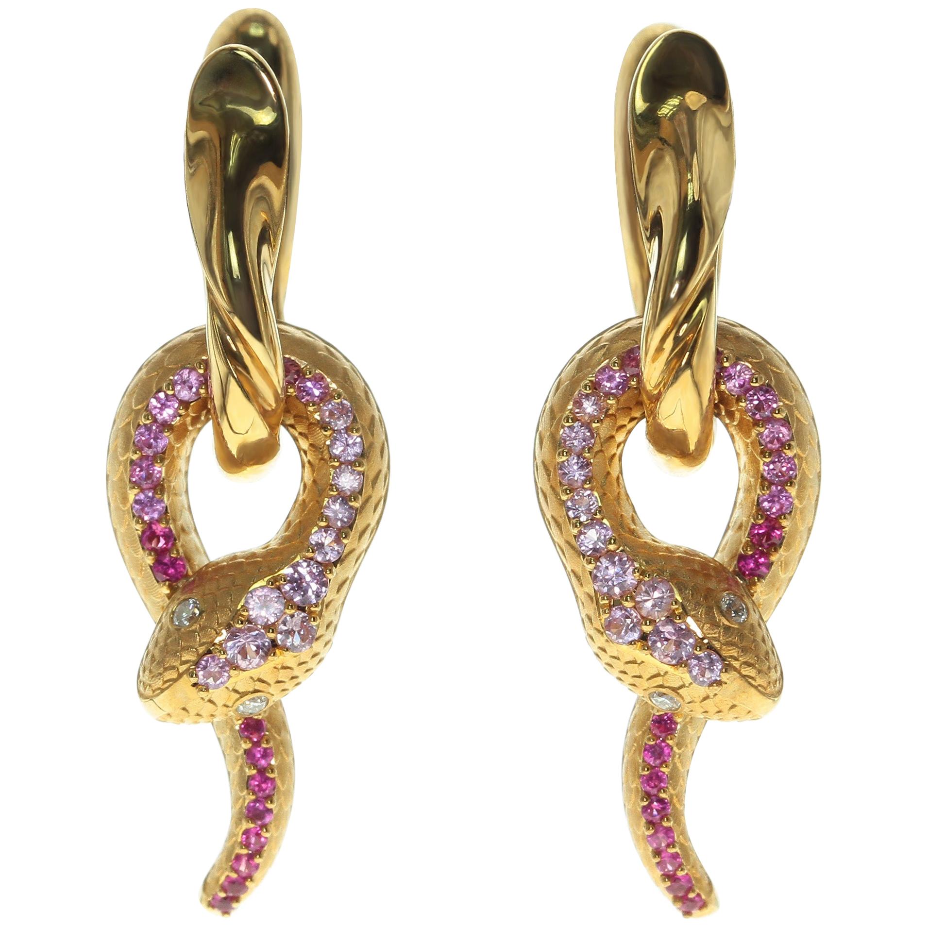 Pink Sapphire Diamonds 18 Karat Yellow Gold Snake Earrings For Sale
