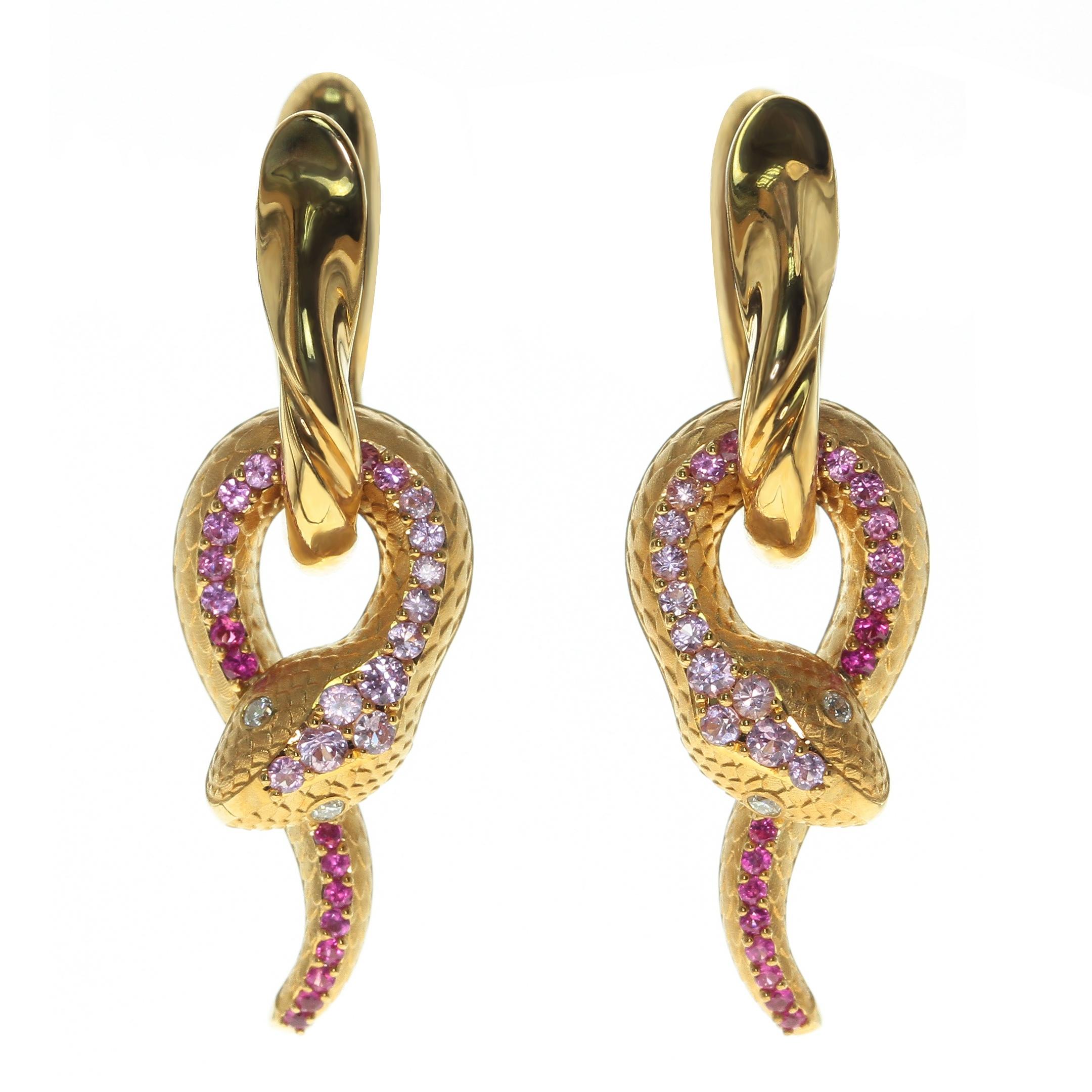 Pink Sapphire Diamonds 18 Karat Yellow Gold Snake Earrings