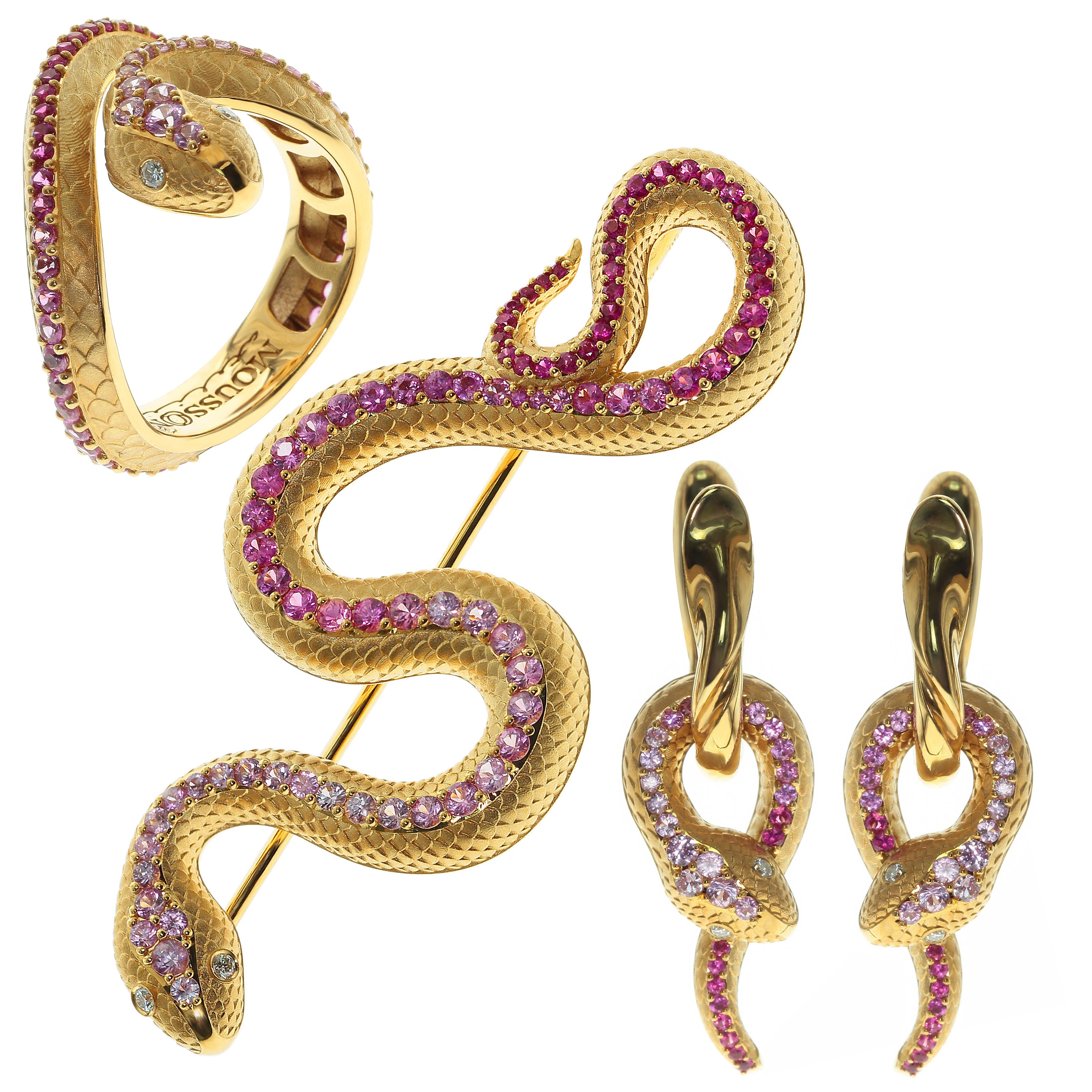 Rosa Saphir Diamanten 18 Karat Gelbgold Schlangenring Ohrringe Brosche Suite im Angebot