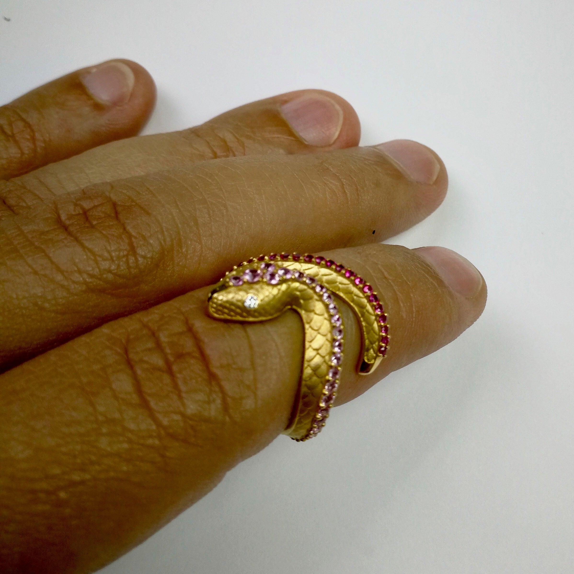 For Sale:  Pink Sapphire Diamonds 18 Karat Yellow Gold Snake Ring 4