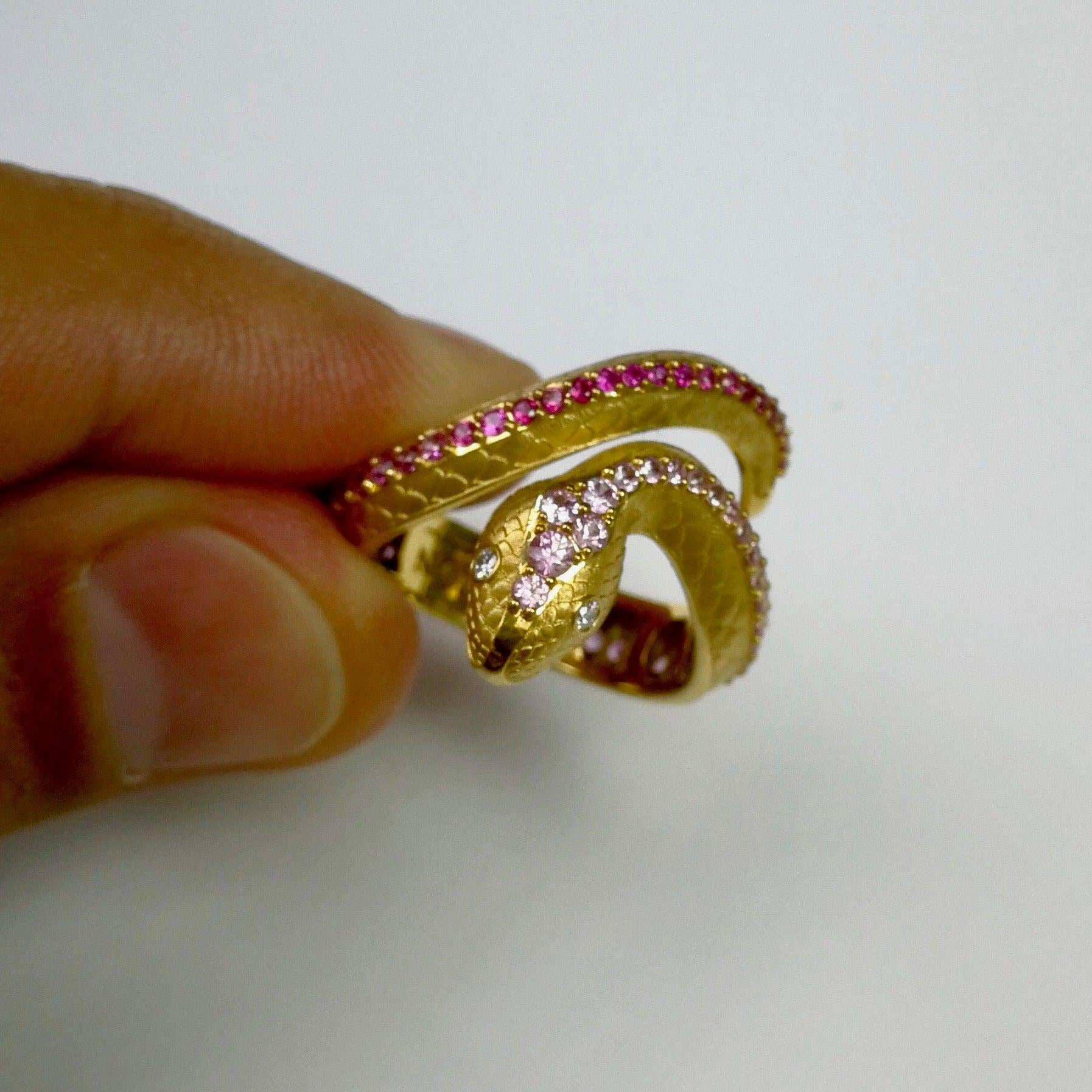 For Sale:  Pink Sapphire Diamonds 18 Karat Yellow Gold Snake Ring 5