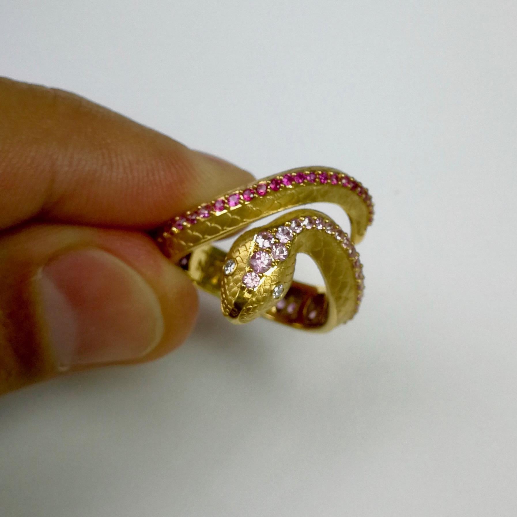 Women's Pink Sapphire Diamonds 18 Karat Yellow Gold Snake Ring