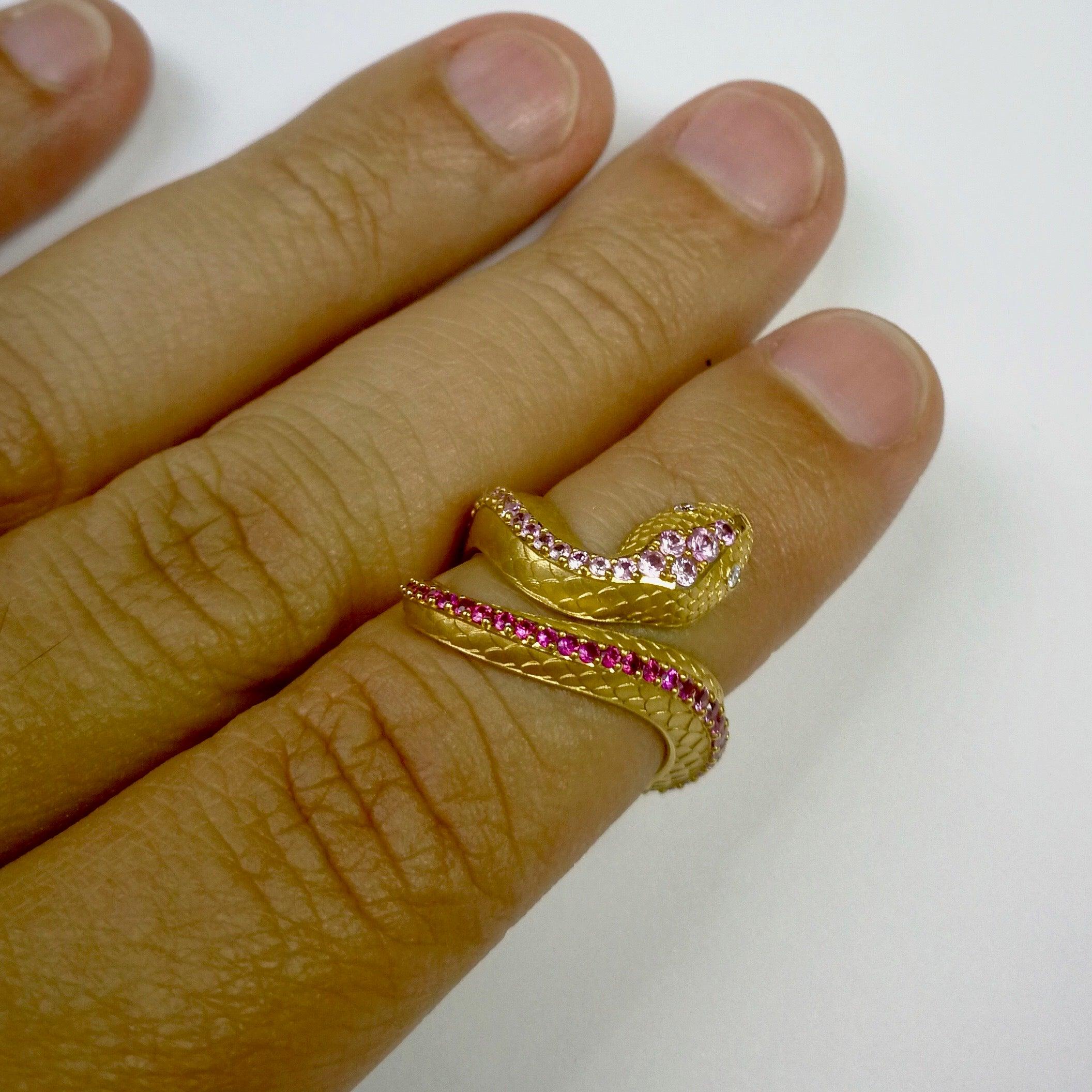 For Sale:  Pink Sapphire Diamonds 18 Karat Yellow Gold Snake Ring 6