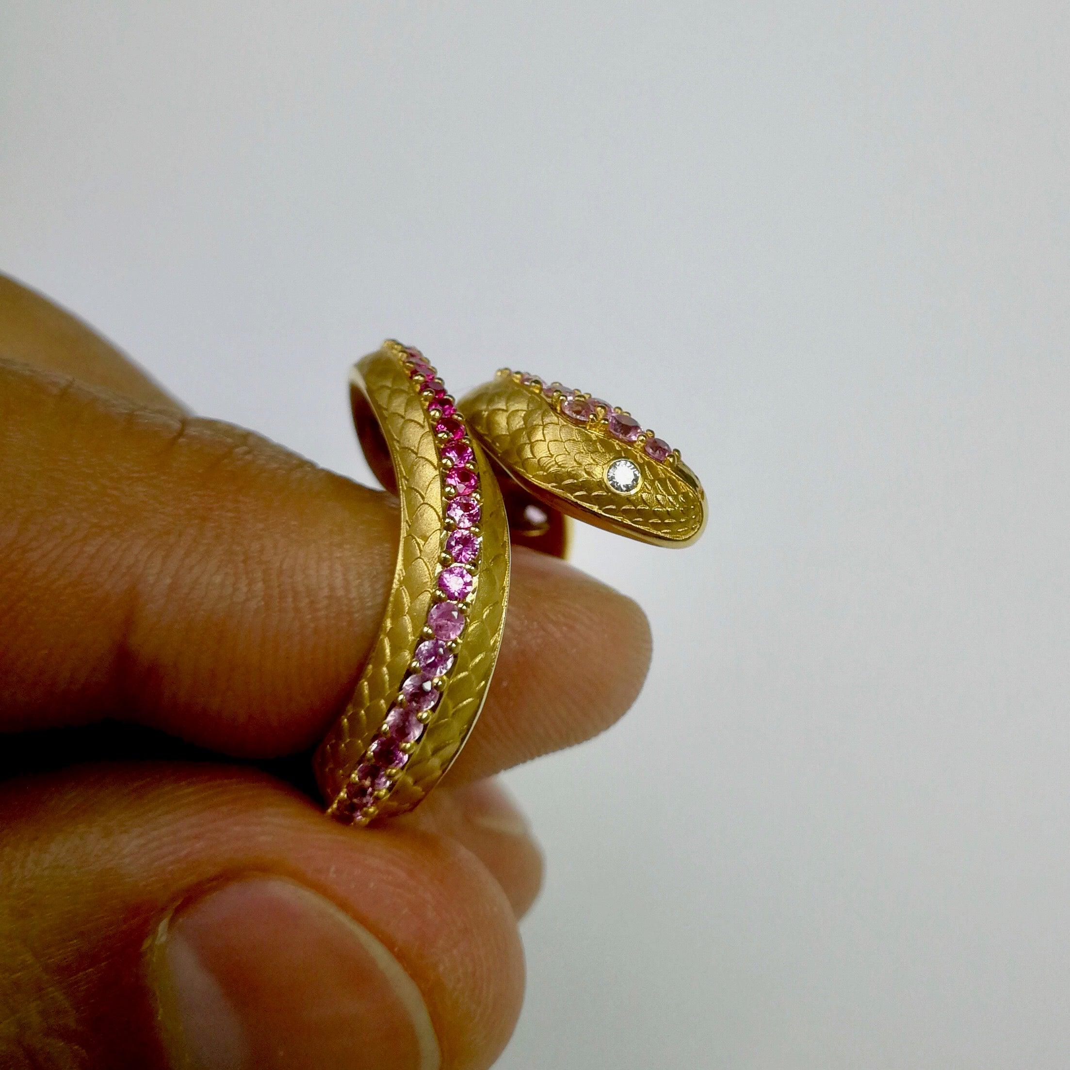 For Sale:  Pink Sapphire Diamonds 18 Karat Yellow Gold Snake Ring 7