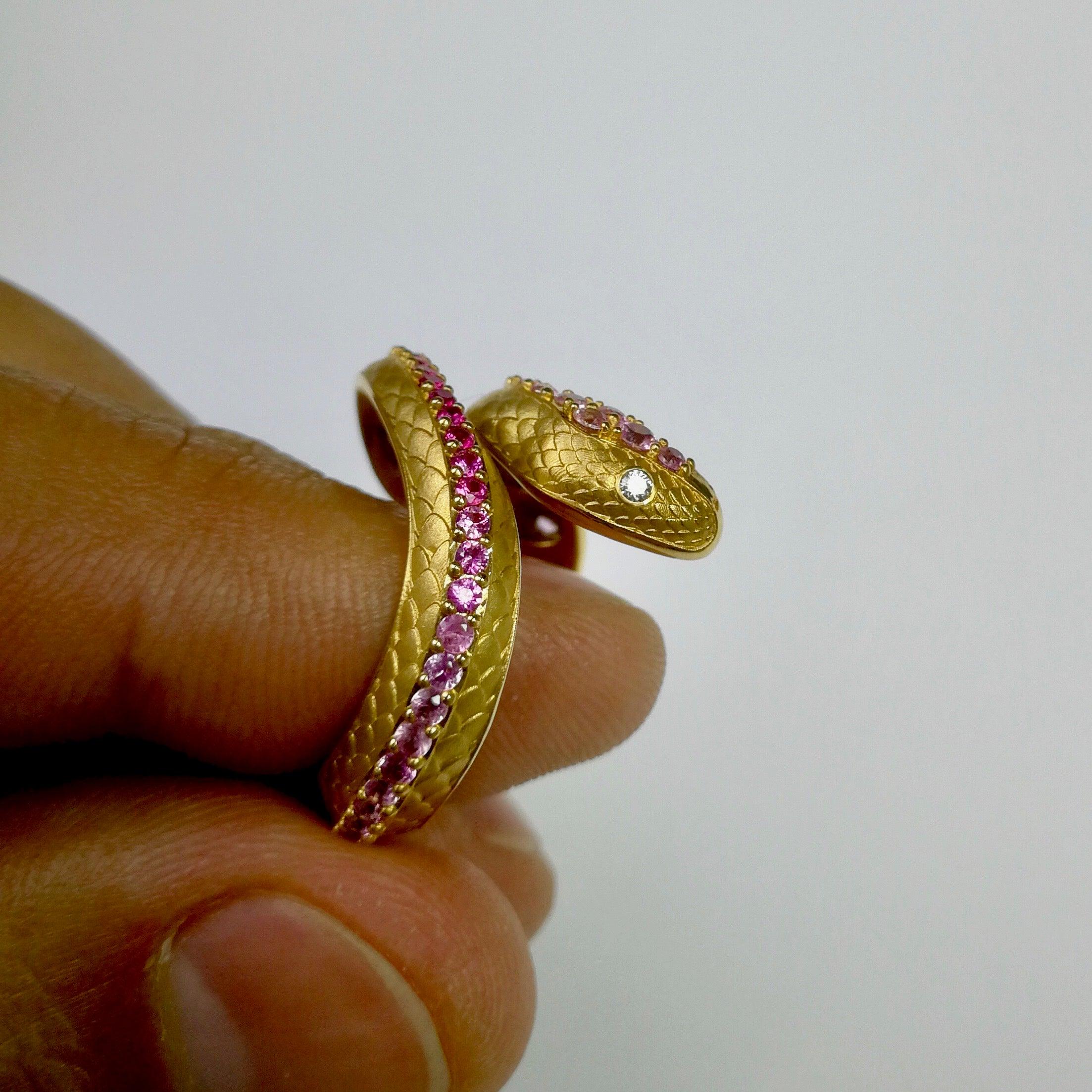 Pink Sapphire Diamonds 18 Karat Yellow Gold Snake Ring 7