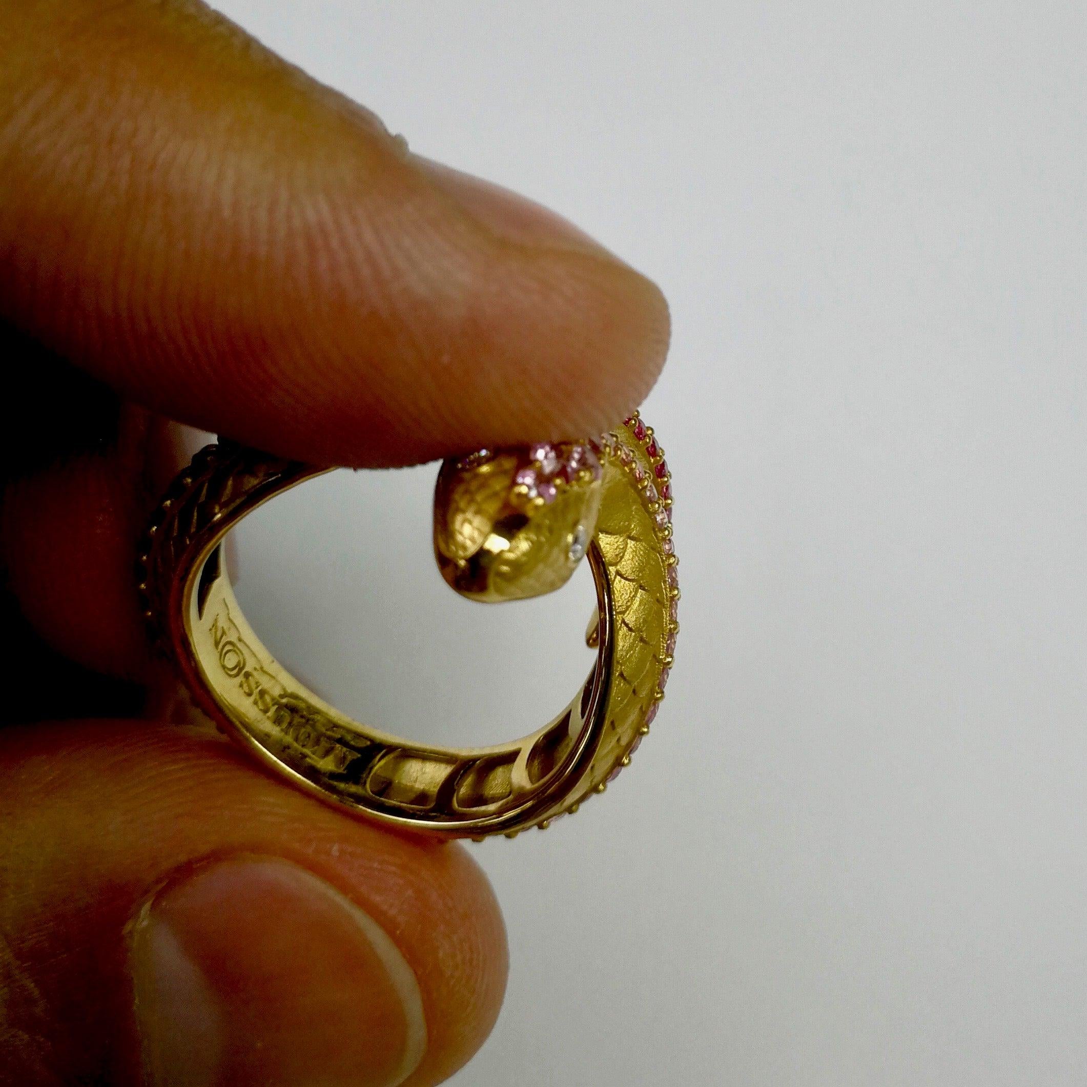 For Sale:  Pink Sapphire Diamonds 18 Karat Yellow Gold Snake Ring 8